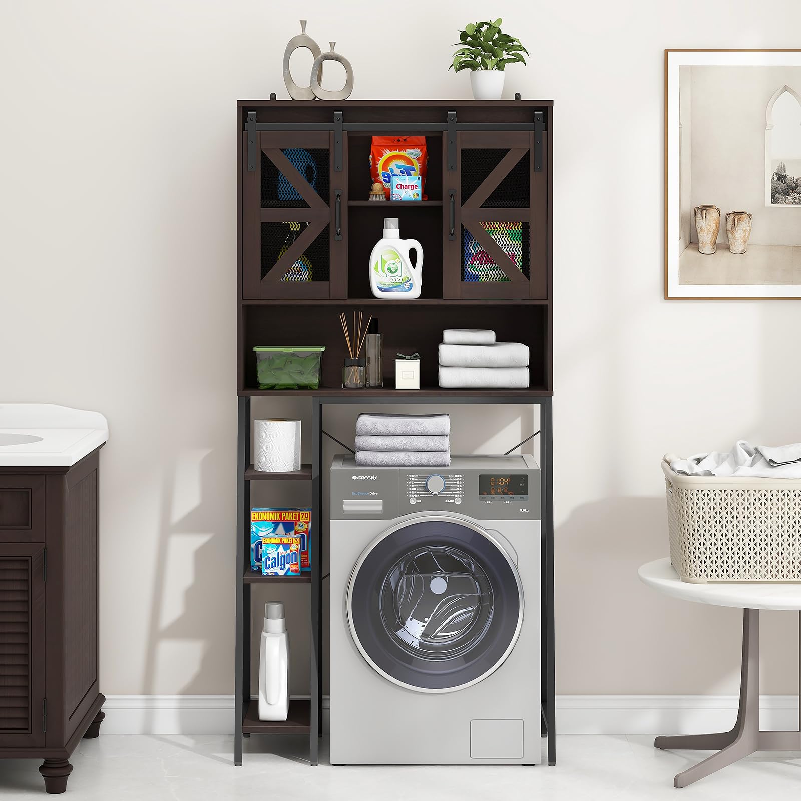 Farmhouse Over The Toilet Storage Cabinet with 2 Sliding Barn Doors - Space Saving Bathroom Organizer for Toiletries, Towels & Laundry - Perfect for Small Bathrooms, Restrooms & Apartment Living (Espresso Finish)