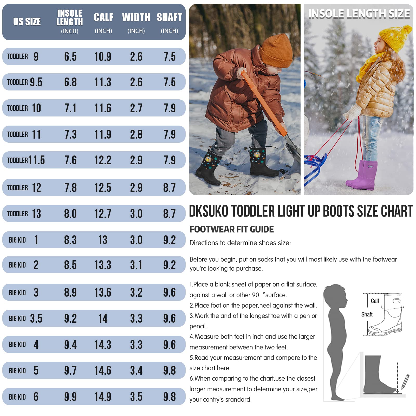 DKSUKO Kids Light Up Winter Snow Boots - Waterproof Insulated Rubber Rain Boots for Boys & Girls - Perfect for Snow Play, Rainy Days & Outdoor Adventures