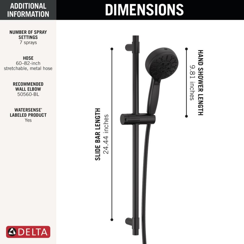 Delta Faucet ProClean Matte Black Hand Shower with Slide Bar - High Pressure Handheld Shower System for Bathroom & Spa Experience (Model 51584-BL) - Perfect for Relaxing Showers, Bathing Kids & Elderly Care