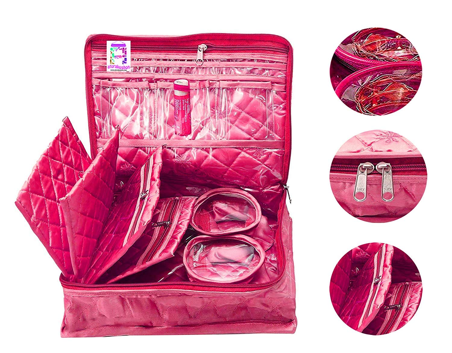 Satin Makeup Bag for Women - Travel Jewelry Organizer & Cosmetic Storage Pouch - Portable Vanity Case for Makeup, Accessories, and Toiletries - Perfect for Travel, Home, and Daily Use (Pink)