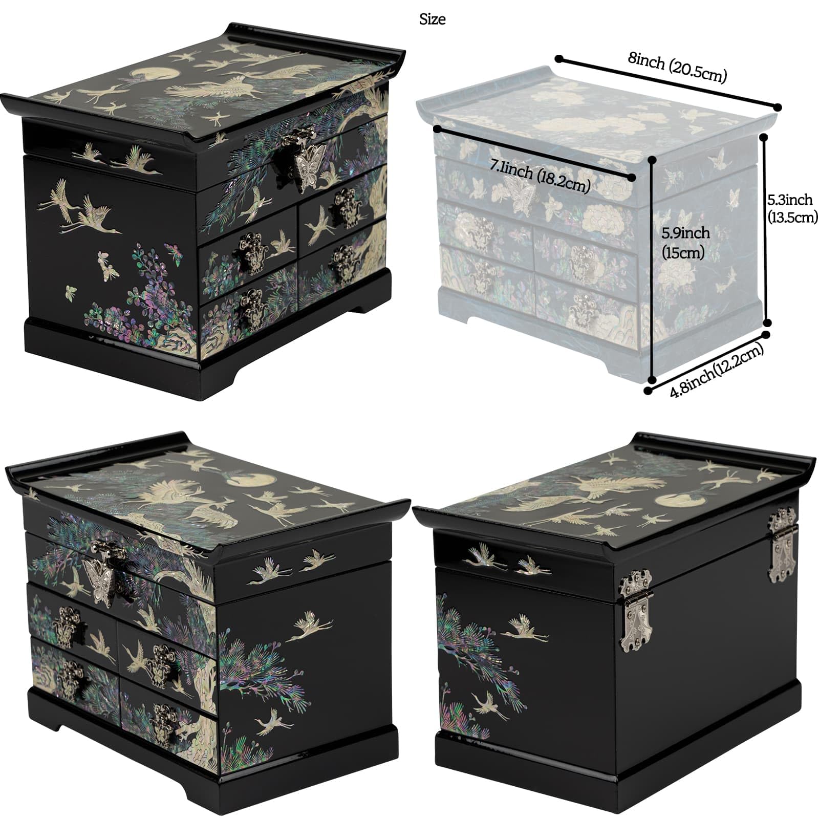 February Mountain Mother of Pearl Wooden Jewelry Organizer Box - Elegant Jewelry Storage with Spacious Drawers for Women | Perfect for Organizing Rings, Bracelets, Watches, Necklaces & Accessories | Great for Bedroom Vanity, Dresser Top or Travel Jewelry Case (Crane_Black)