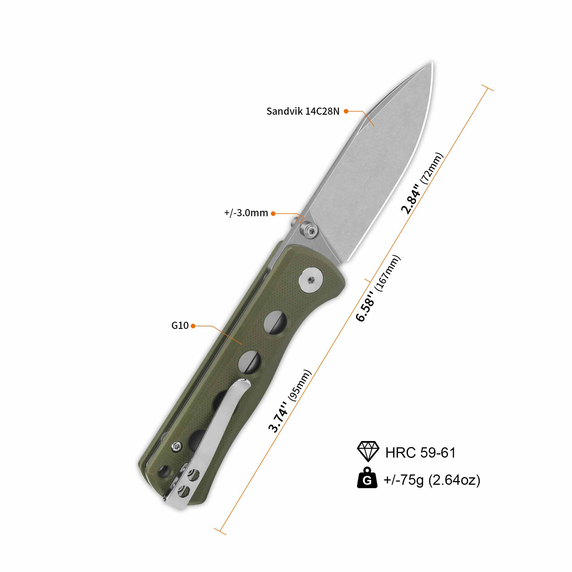 QSP Canary Pocket Knife - 14C28N Stainless Steel Blade, Olive Green G10 Handle, Liner Lock Folding Knife for EDC, Camping & Outdoor Activities