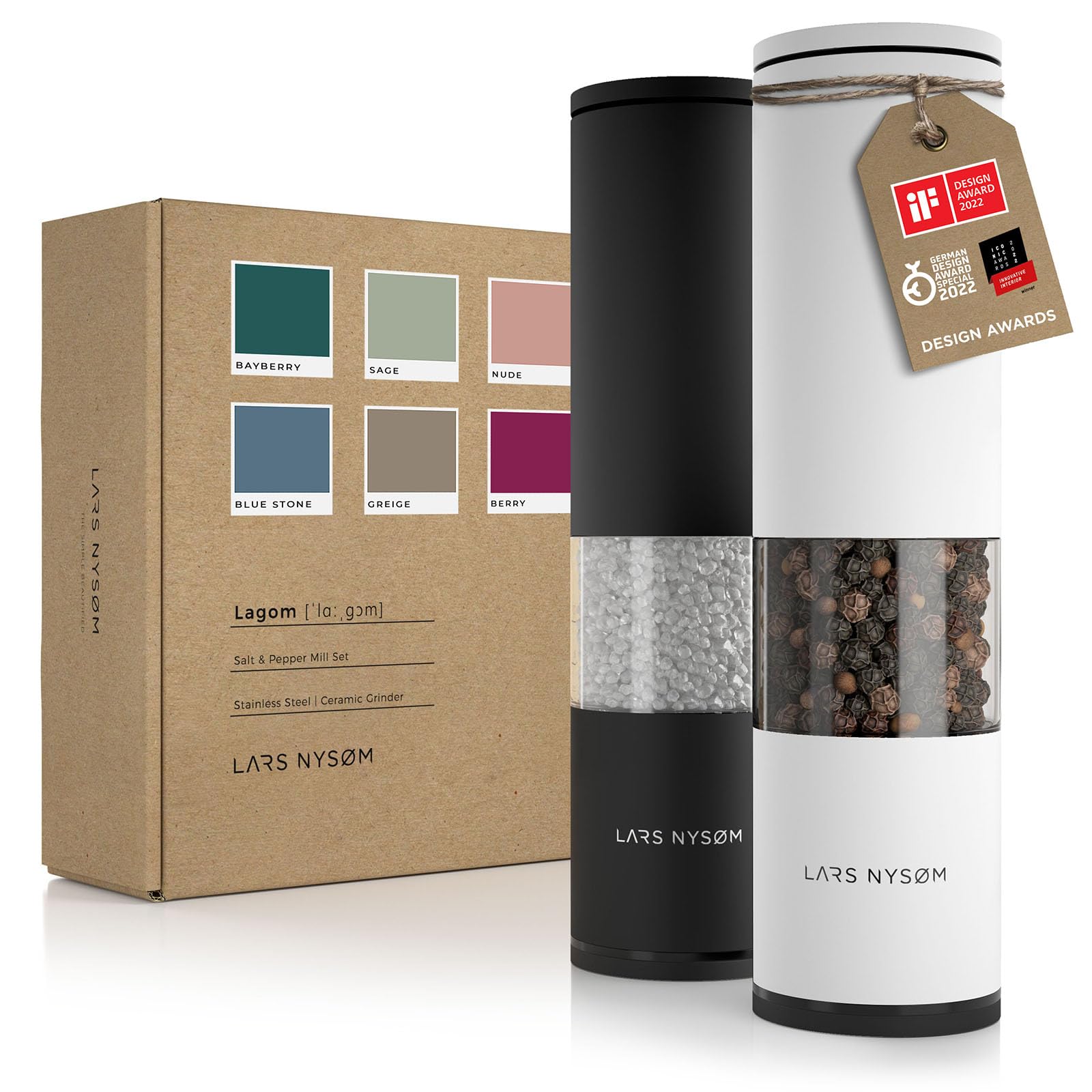 Premium LARS NYSØM Salt and Pepper Grinder Set - 2 Piece Adjustable Ceramic Mill with Ergonomic Design - Manual Spice Grinder for Kitchen, Dining Table & Gourmet Cooking (Black/White)