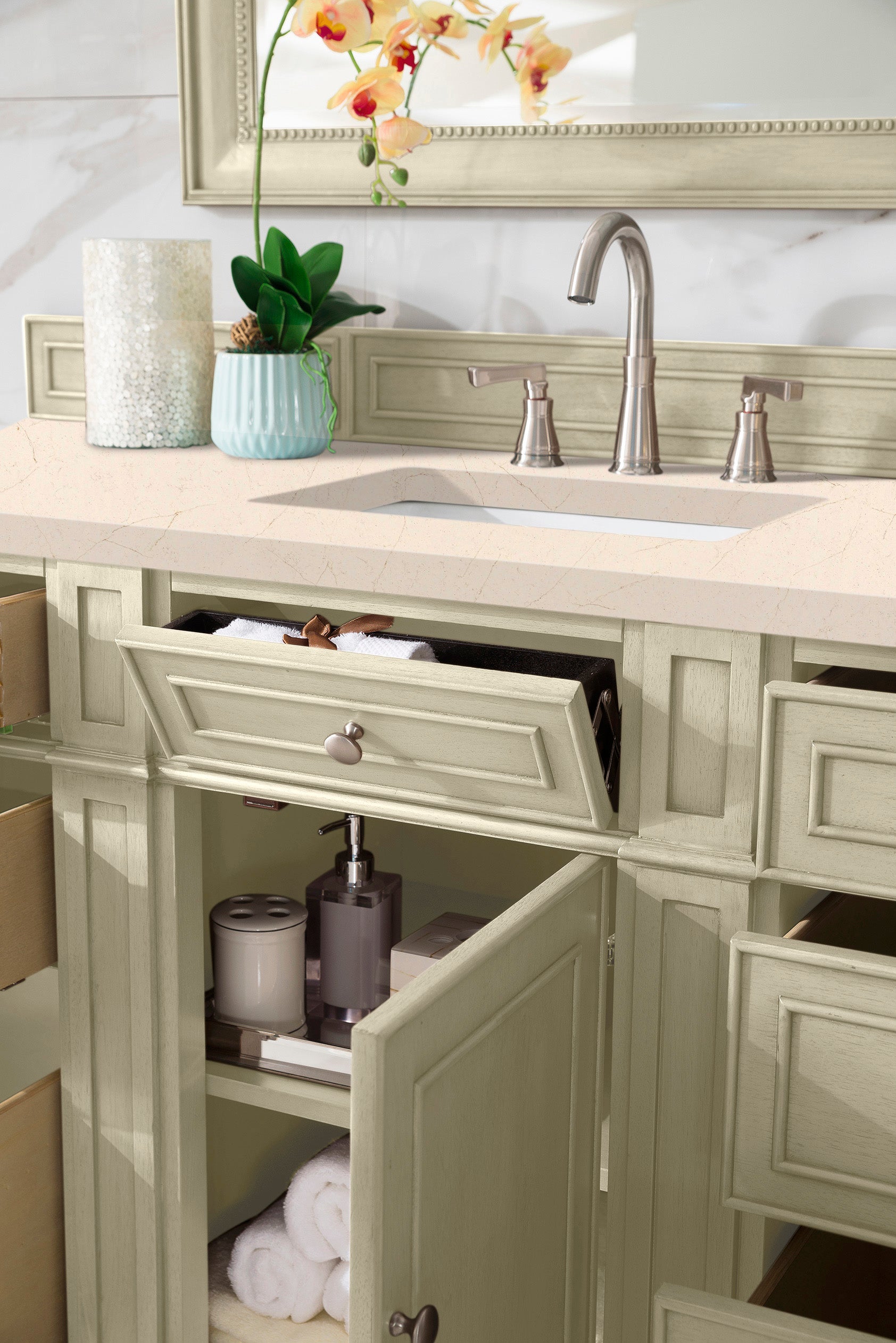 Bristol 60-Inch Single Bathroom Vanity Set with 3CM Eternal Marfil Quartz Countertop in Vintage Vanilla - Perfect for Modern Farmhouse & Coastal Bathroom Designs