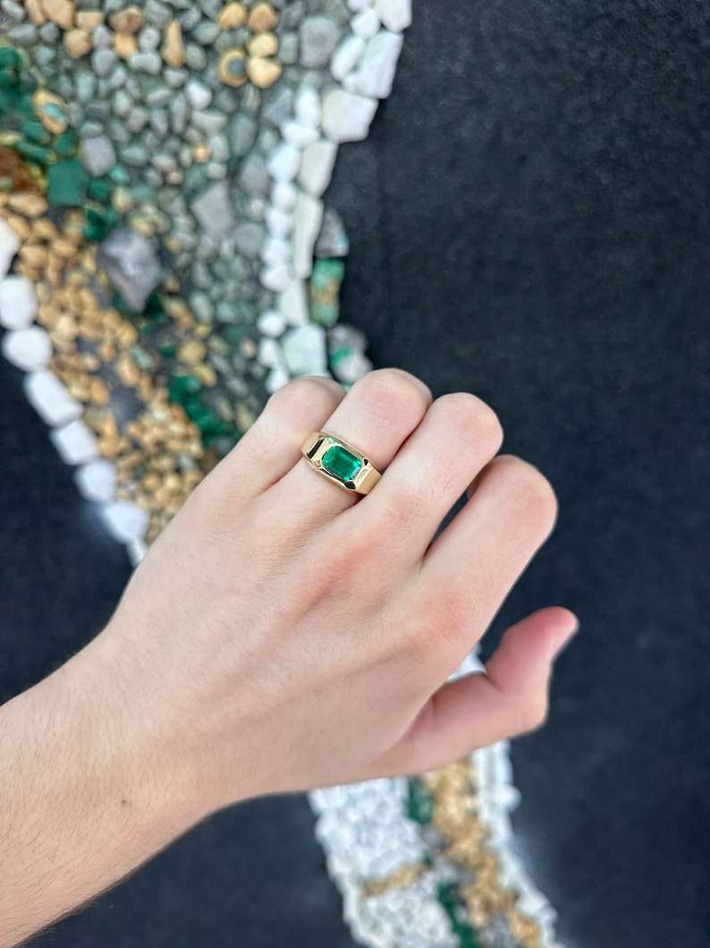 2.70ct AAA+ Rich Vivid Muzo Green Emerald Cut Solitaire Gypsy Ring for Women - Elegant East to West Wedding Band, Engagement Jewelry Gift for Her