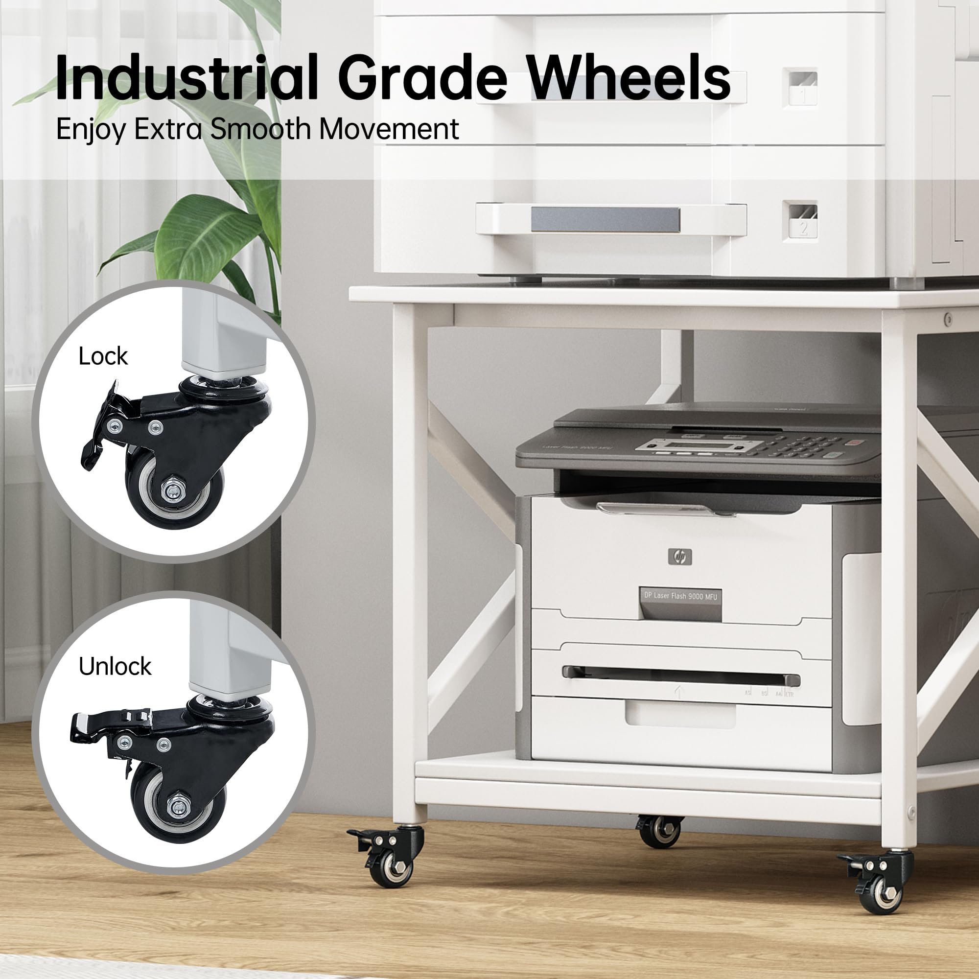 23.6 x 23.6 Inches Large Printer Stand with Storage Shelf | 2-Tier Square Rolling Cart with Wheels for Home Office | Compatible with Laser Printer, 3D Printer & Mini Fridge | Multi-Purpose Mobile Organizer for Workspace & Living Room - White