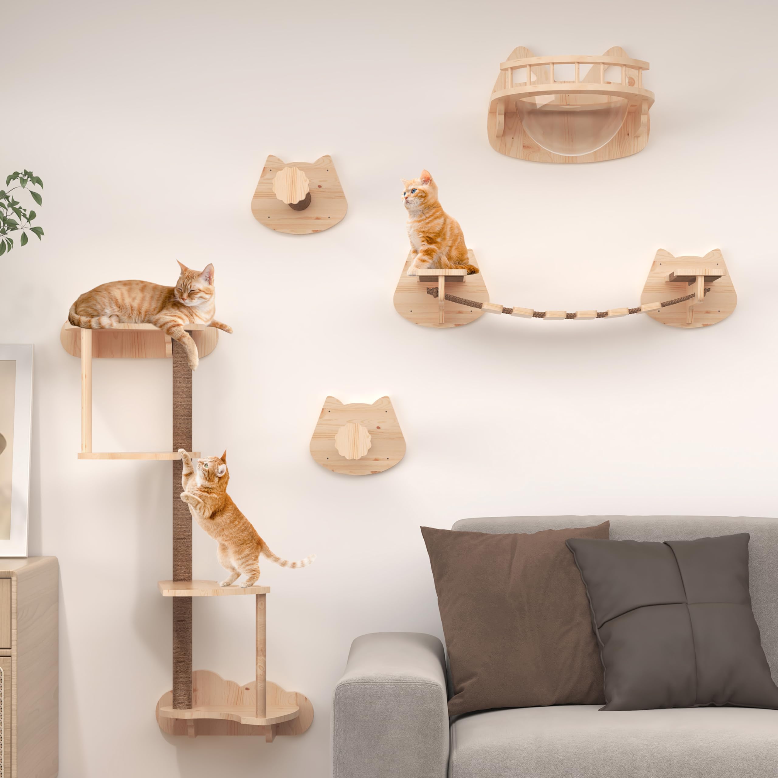 13-Piece Transparent Cat Wall Furniture Set - 4-Tier Scratching Post, 2 Sisal Scratching Steps, Wall-Mounted Bed & Bridge for Cats up to 33 lbs | Space-Saving Cat Climbing Shelves for Indoor Play & Relaxation
