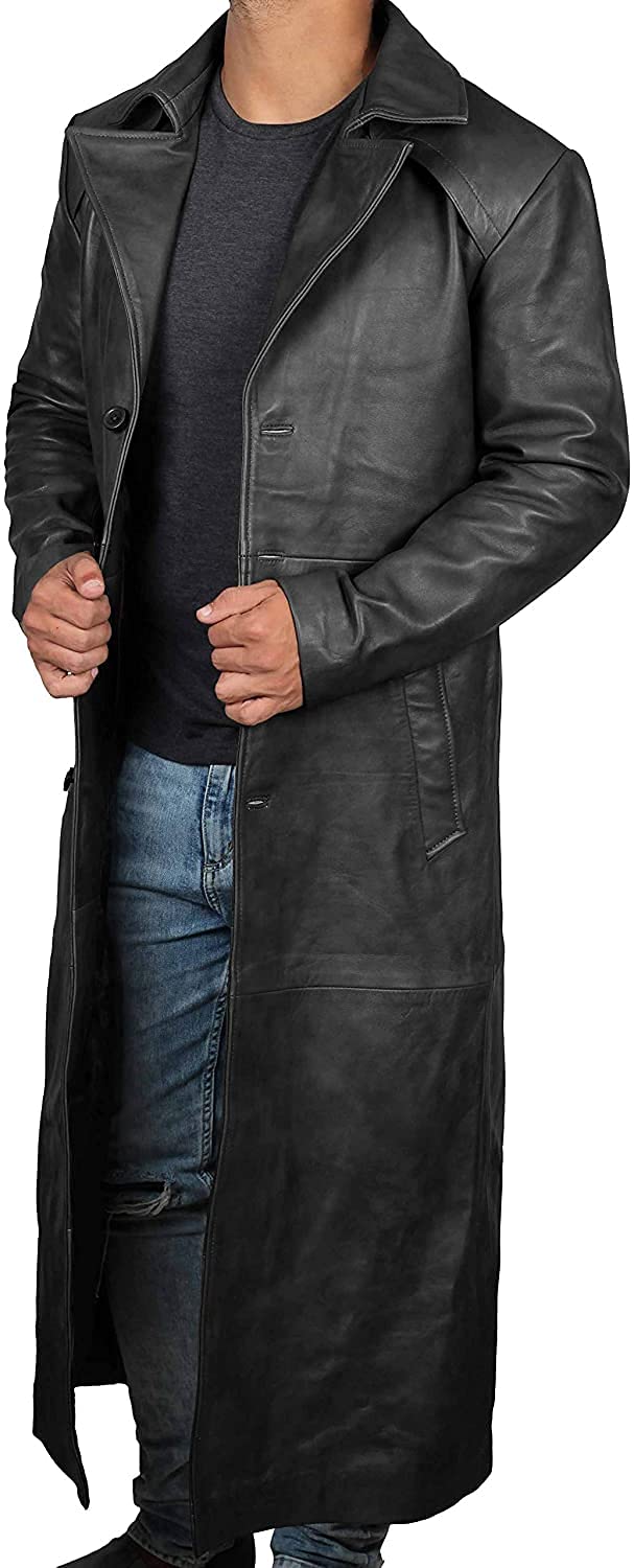 Genuine Lambskin Leather Trench Coat for Men - Full Length Peacoat Winter Jacket | Premium Real Leather Long Coat | Perfect for Formal Events, Business Meetings & Cold Weather Protection