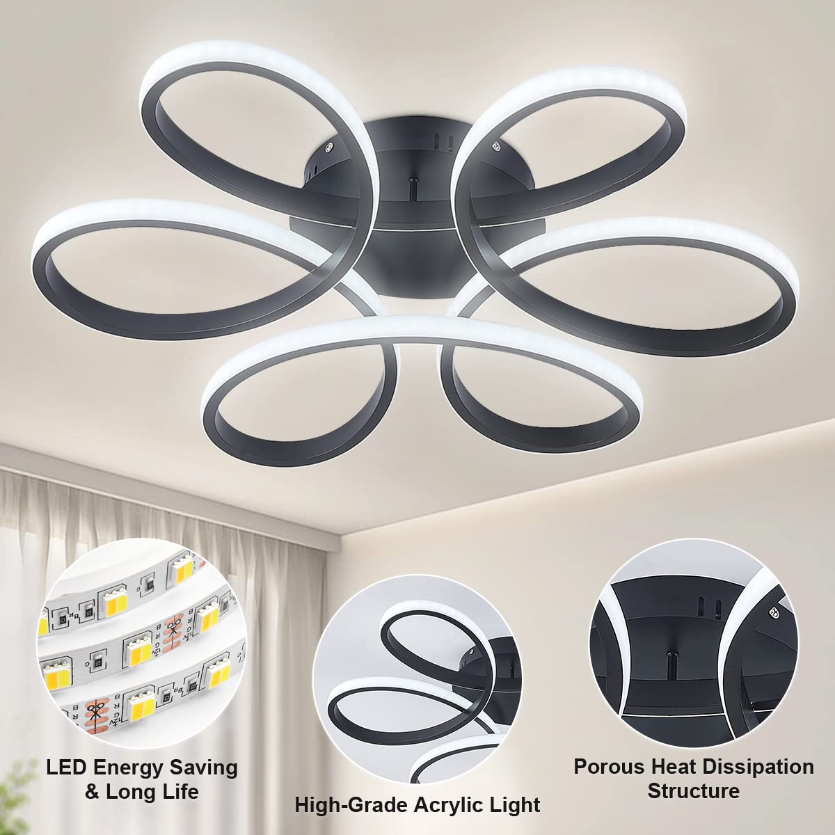 XEMQENER 74W LED Ceiling Light Fixture - Modern Flush Mount Chandelier with Elegant Flower Design, Acrylic Material, 6000K Cool White Light, Black - Perfect for Living Room, Bedroom, Dining Room Lighting | Energy-Efficient Home & Office Decoration