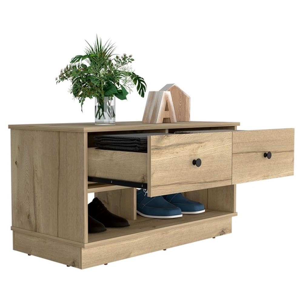 TUHOME Hamilton Storage Bench - Engineered Wood Entryway Bench with Seat, Beige - Perfect for Hallway, Living Room & Bedroom Organization