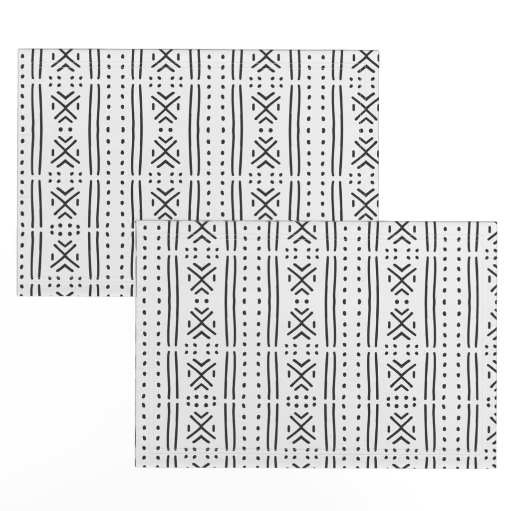 Spoonflower Linen Cotton Canvas Placemats Set of 2 - Black and White Mudcloth Geometric Boho African Inspired Table Mats for Dining Room, Kitchen Decor, and Bohemian Home Styling
