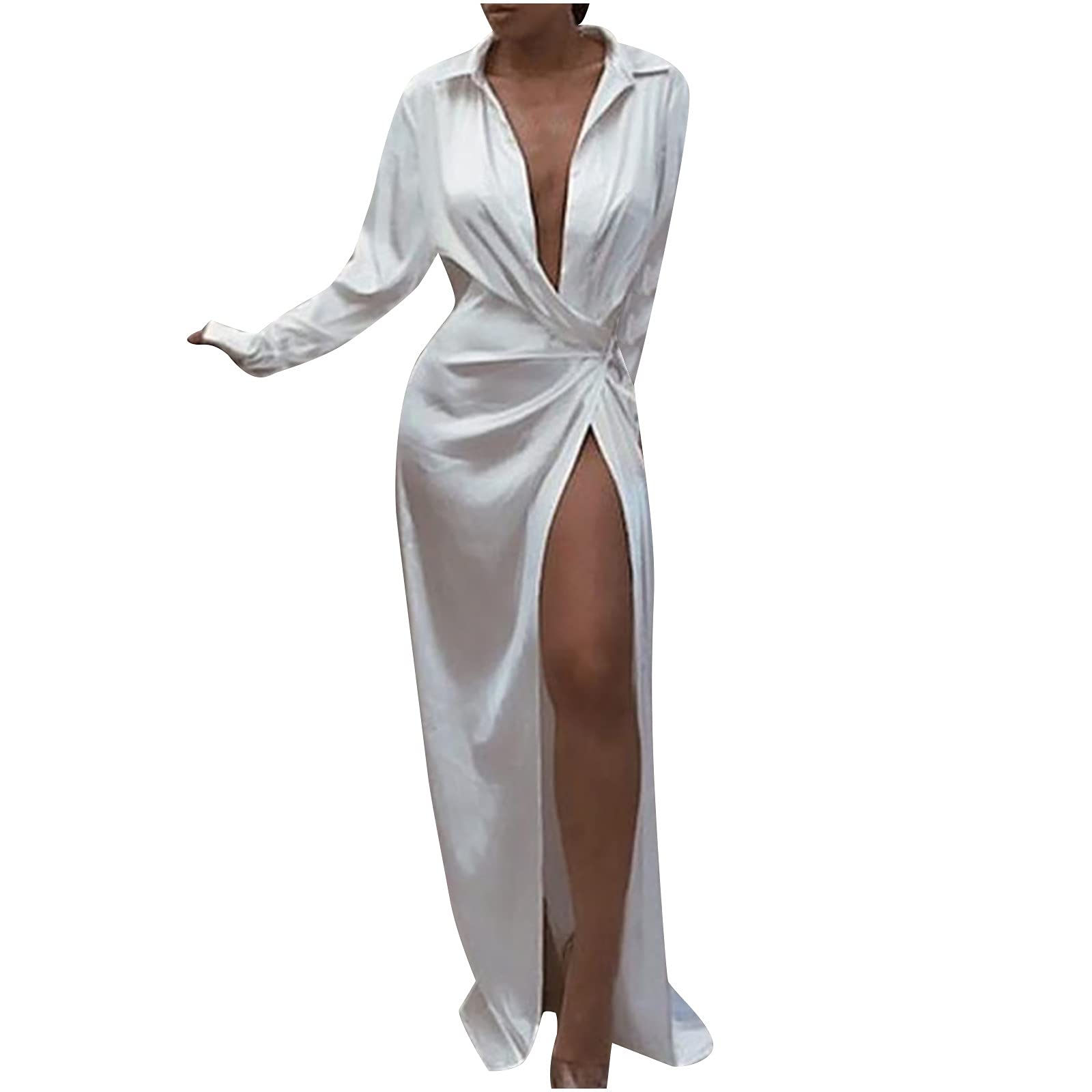Sexy Women's Maxi Dress with Deep V Neck & High Waist - Long Sleeve Lapel Shirt Dress with Side Slit | Perfect for Casual Outings, Date Nights & Summer Vacations