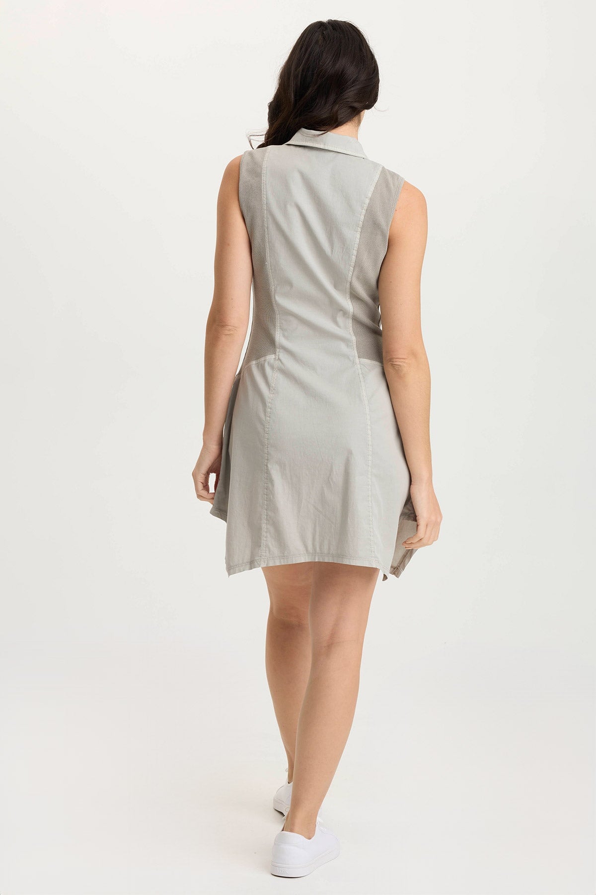 Delmis Women's Poplin & Ribbed Sharkbite Zippered Collar Dress - Elegant Office Wear & Cocktail Party Outfit
