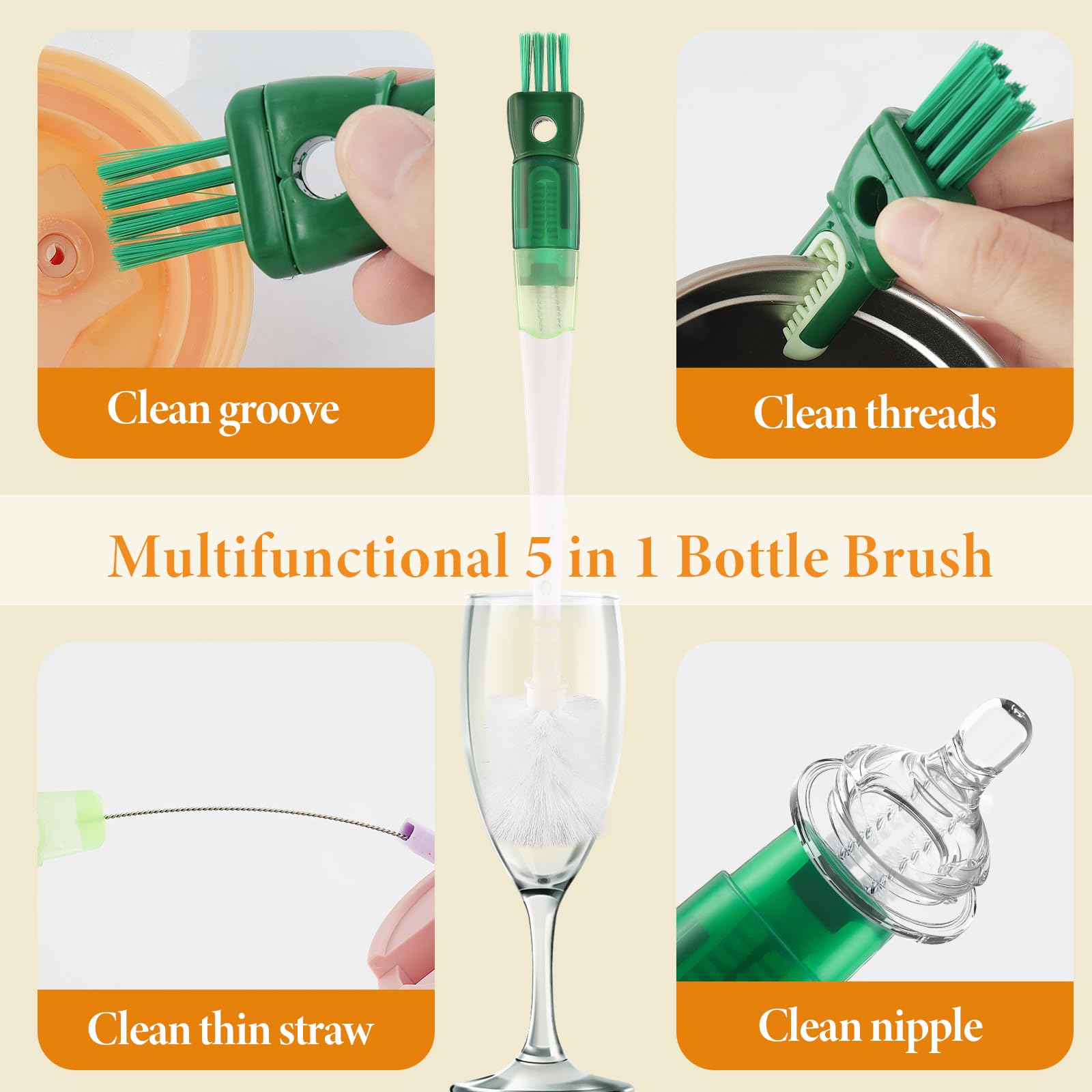 5-in-1 Water Bottle Brush Set - Clean Cups, Lids & Straws for Home & Kitchen Use