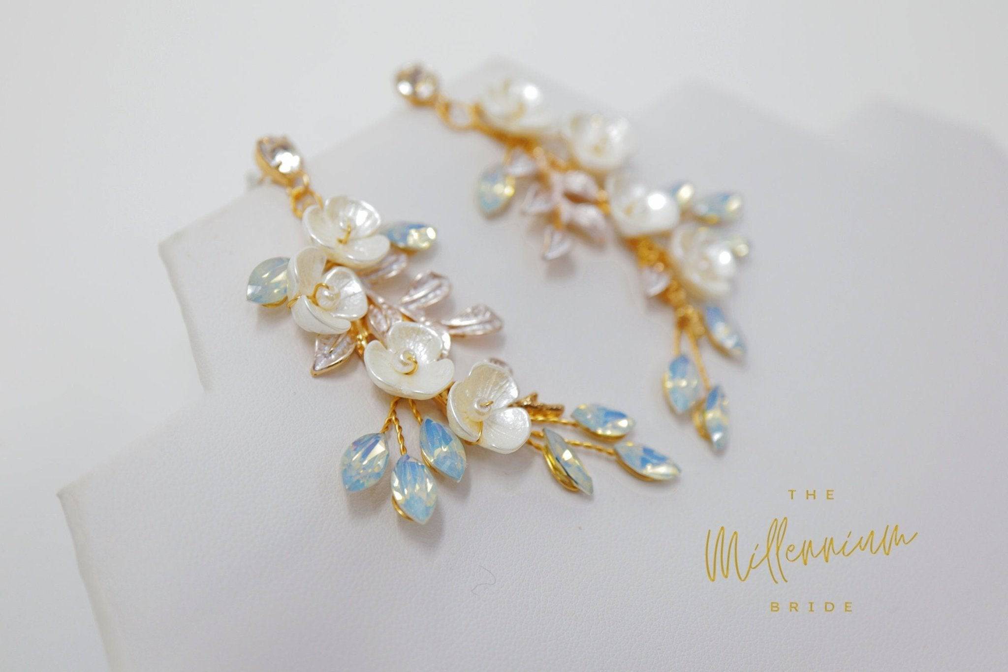 Swarovski Opal Ceramic White Flower Drop Crystal Earrings – Elegant Long Bridal Jewelry for Wedding, Party & Special Occasions | Statement Dangle Earrings for Women