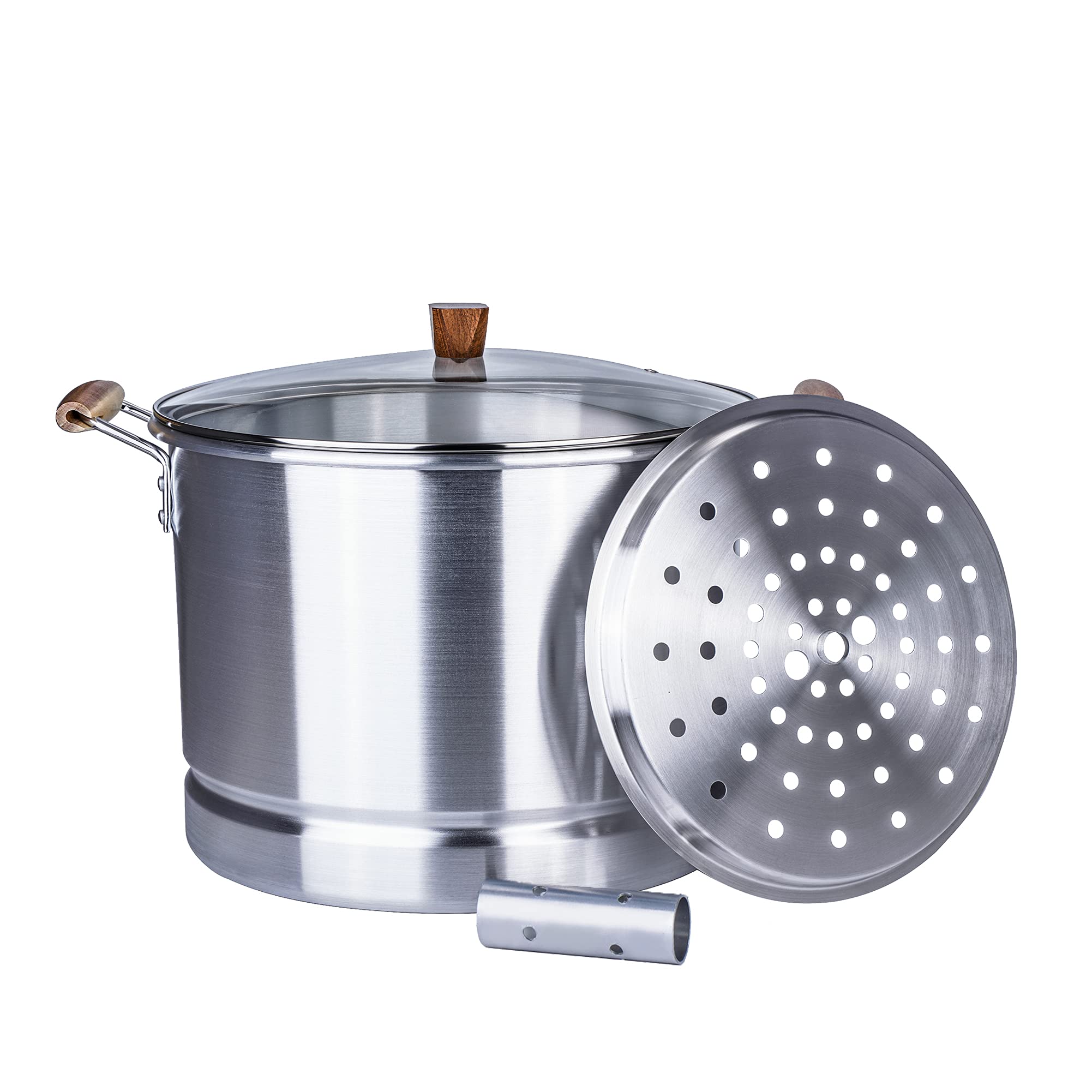 12 Quart Aluminum Tamale Steamer Pot with Steamer Tube - Crab Stock Pot for Seafood, Crawfish, Vegetables - Wooden Handle Silver - Perfect for Cooking, Steaming & Serving at Parties, BBQs & Family Gatherings