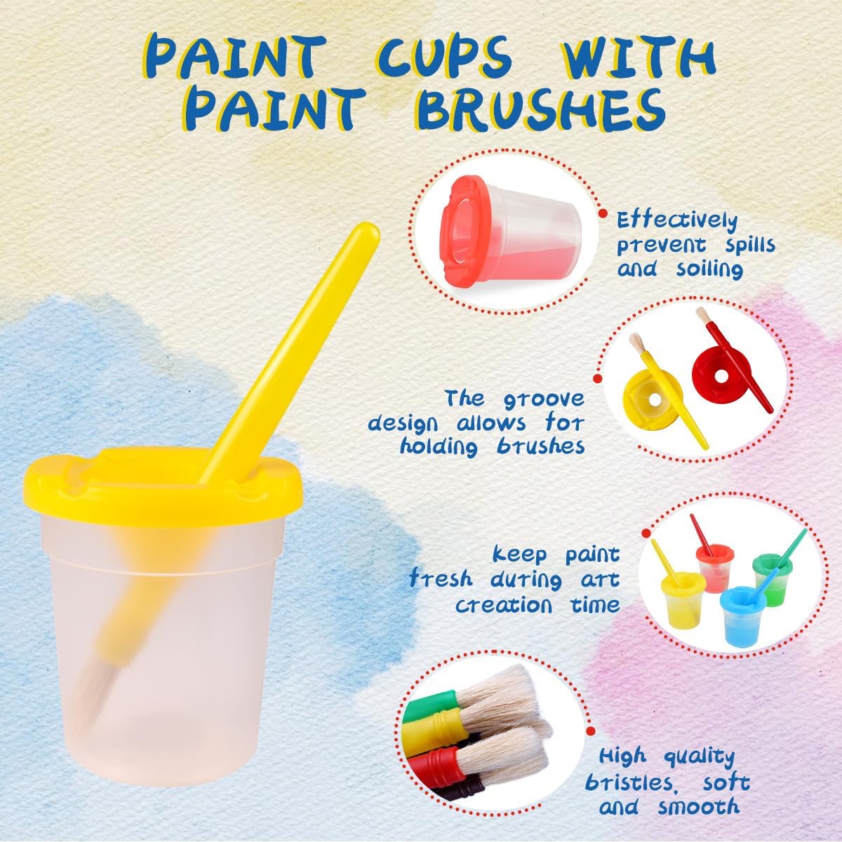 30PCS Spill-Proof Paint Cups with Brushes & Colored Lids - Non-Toxic Toddler Art Supplies for Kids Painting, DIY Crafts, Classroom Activities & Party Favors