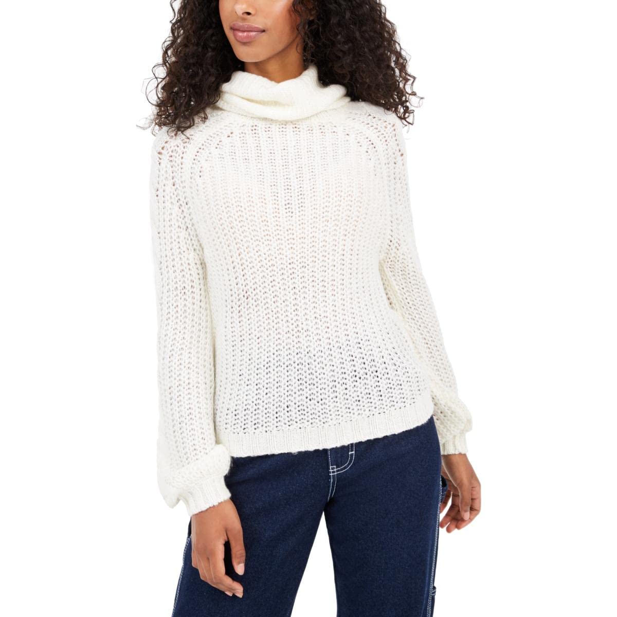 Planet Gold Women's Juniors Crochet Cowl Neck Sweater - White Size L | Cozy Winter Pullover for Casual Outings & Holiday Gatherings