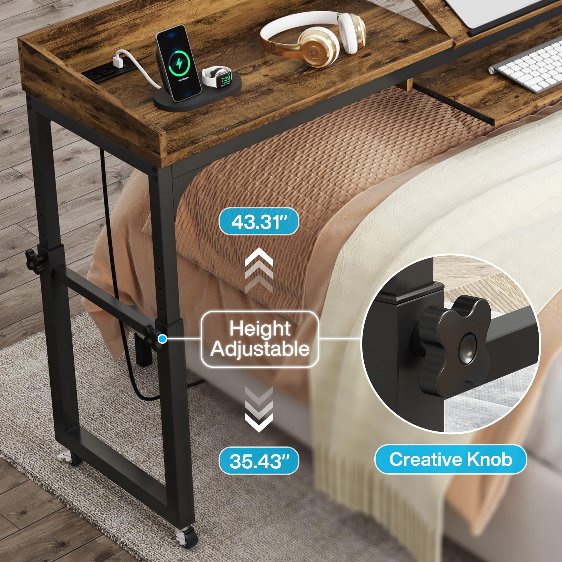 Tribesigns Adjustable Overbed Table with Wheels - Queen Size Mobile Laptop Desk with Tilt Stand, USB Ports & Power Outlets - Perfect for Hospital Beds, Home Office & Bedroom Workspace (Rustic Brown)