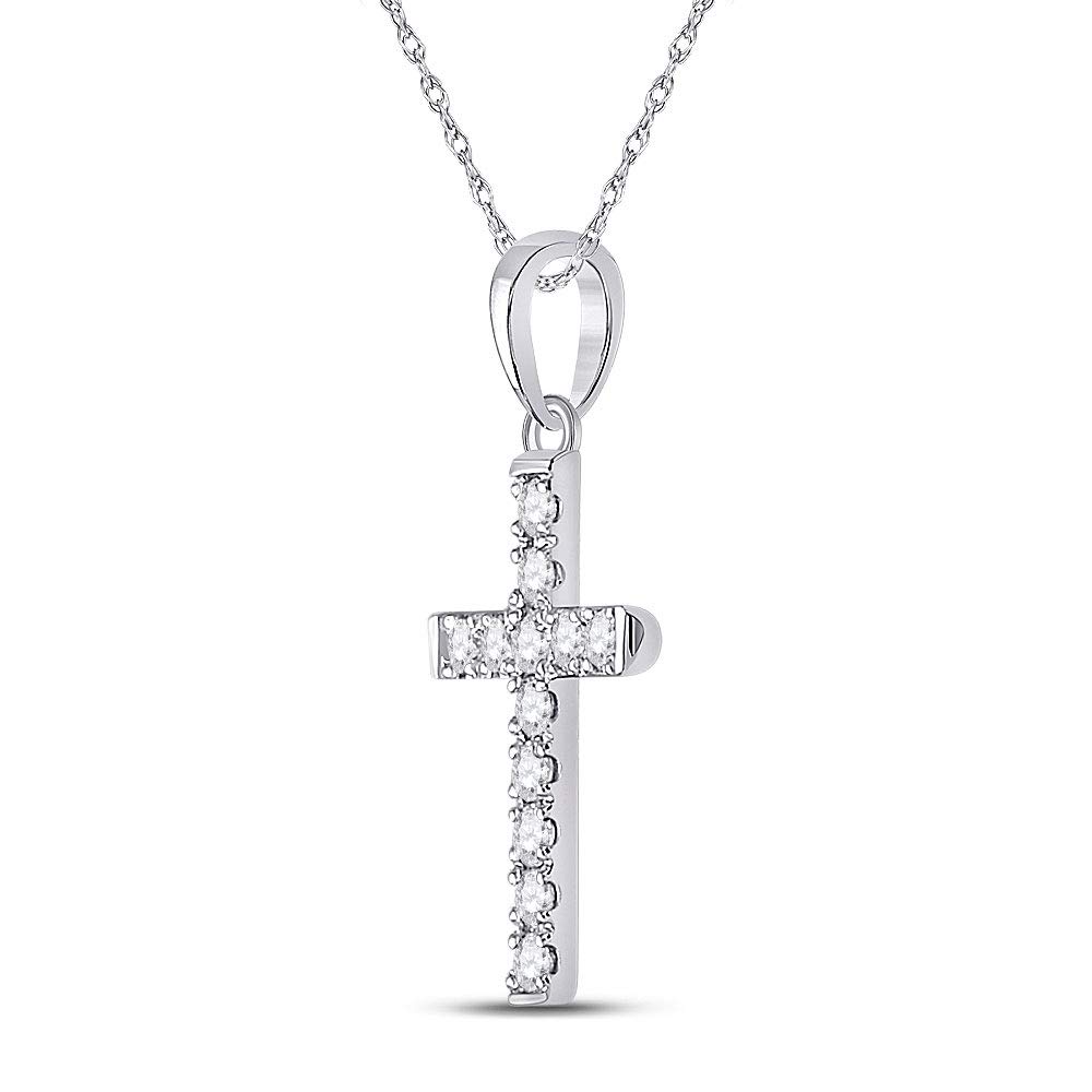 10K White Gold Women's Round Diamond Religious Cross Pendant Necklace - 1/8 Cttw Diamond Cross Charm for Church, Baptism & Everyday Elegant Jewelry Gift