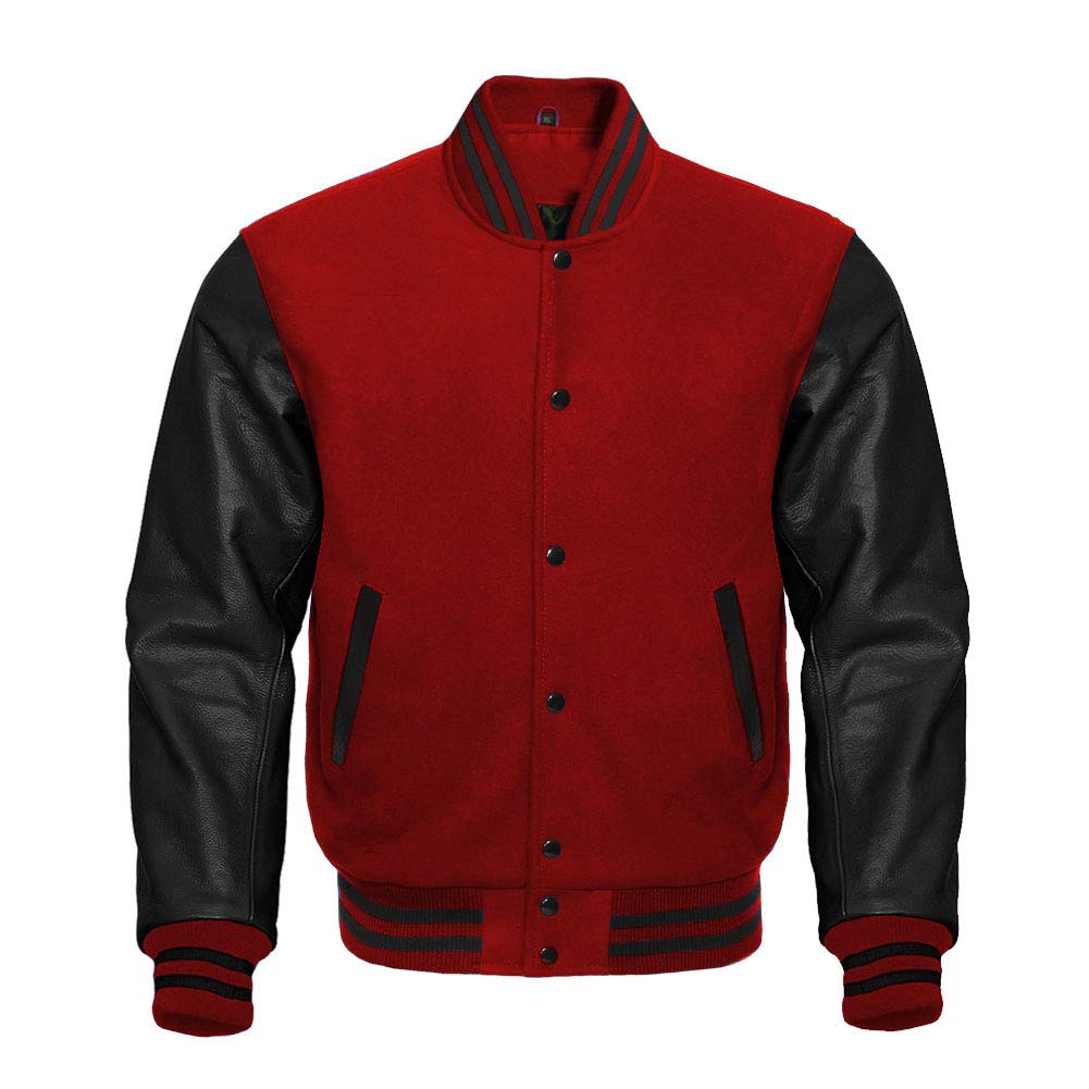 Varsity Letterman Baseball Jacket - Retro Vintage Bomber Style with Maroon Wool Body & Genuine Black Leather Sleeves | Perfect for High School Sports, College Games & Casual Streetwear Fashion