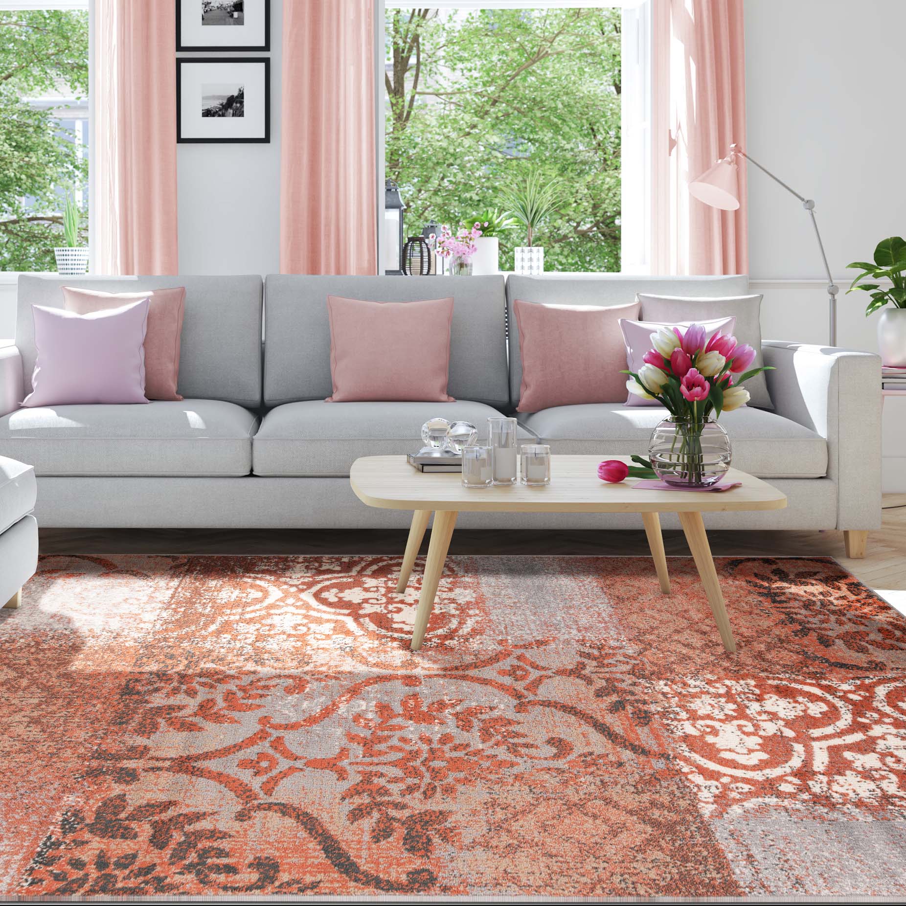 Bristol Distressed Abstract Damask Indoor Area Rug - Non-Slip Living Room Carpet Runner for Bedroom, Hallway & Entryway Decor