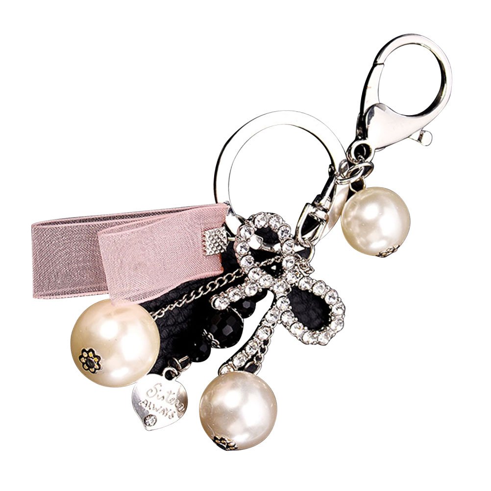 OULII Elegant Bowknot Keychain with Pearl Accent - Pink Ribbon Key Ring for Car Keys, Bags & Purse Accessories | Perfect Gift for Women, Girls & Fashion Lovers