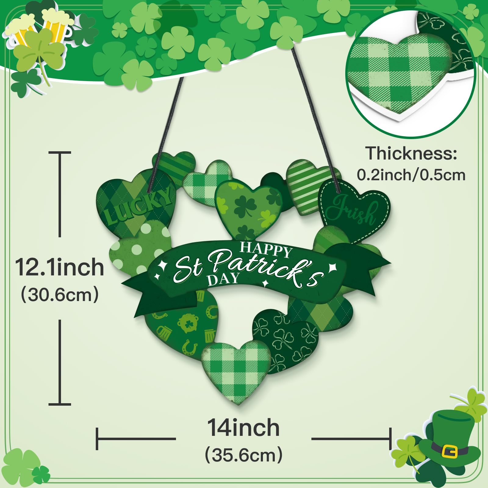 Valentine's Day Heart Wreath - Double-Sided PVC Door Decor for Home & St. Patrick's Day - 14x12 in