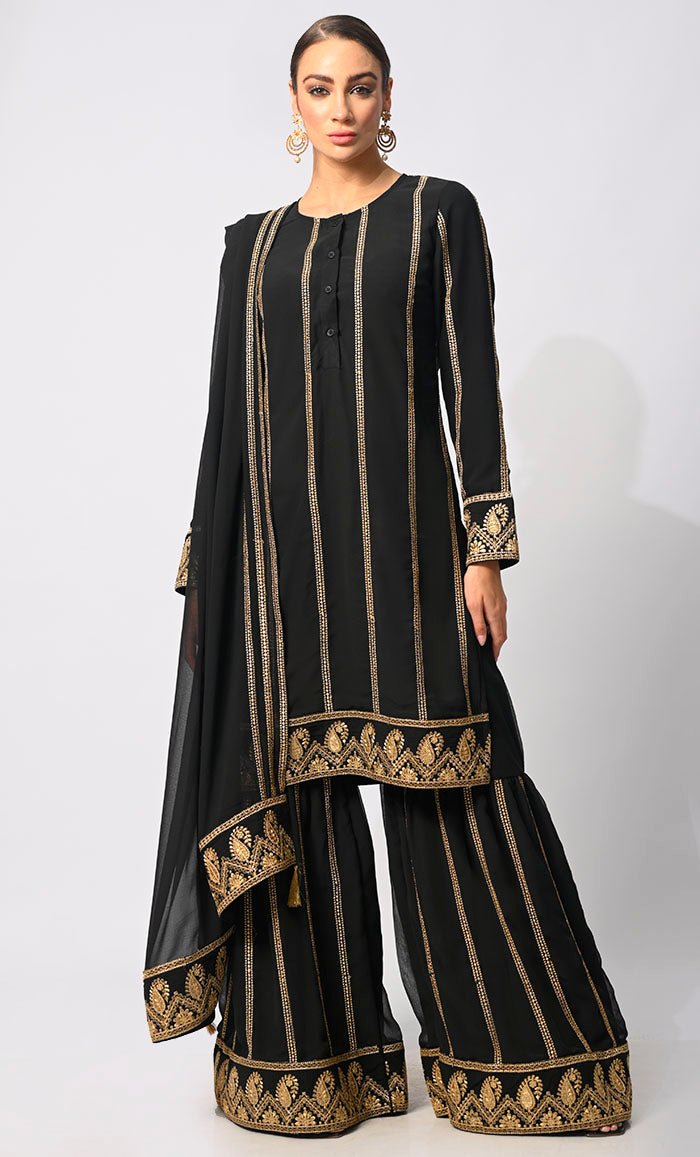 Elegant Black Embroidered 3 Piece Sharara Set - Handcrafted Pakistani Formal Wear for Weddings & Special Occasions