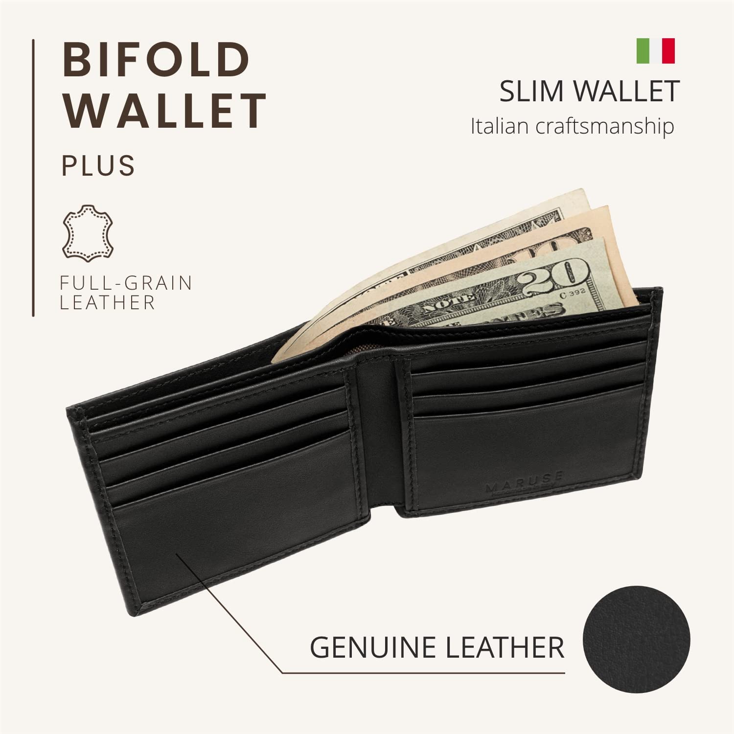 Maruse Bifold Wallet for Men - Slim Genuine Italian Calf Leather Wallet - Elegant & Minimalist RFID Blocking - Perfect for Everyday Carry, Business & Travel - Black