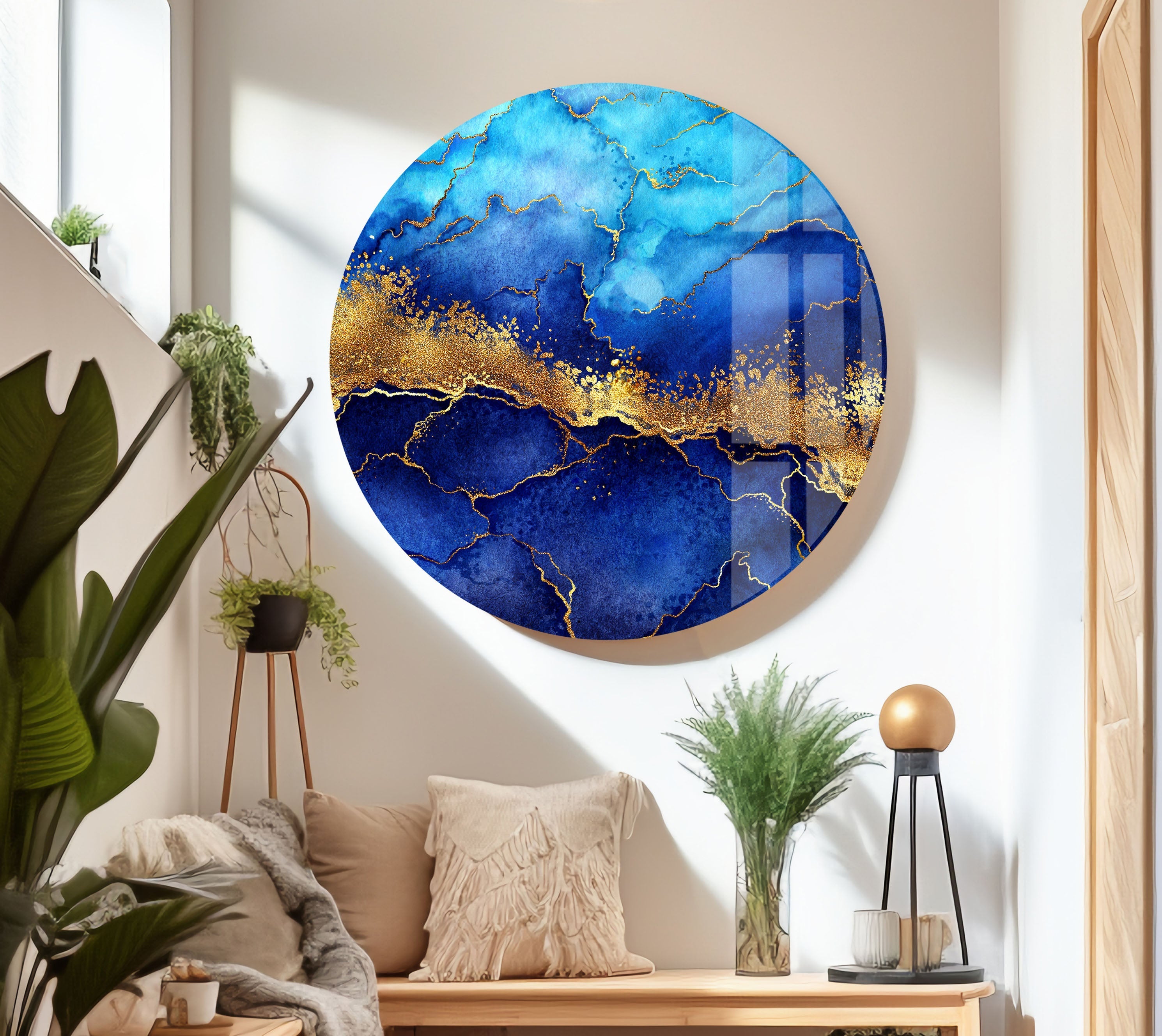 Blue and Gold Abstract Glass Wall Art - Modern Home Decor for Living Room, Bedroom & Office
