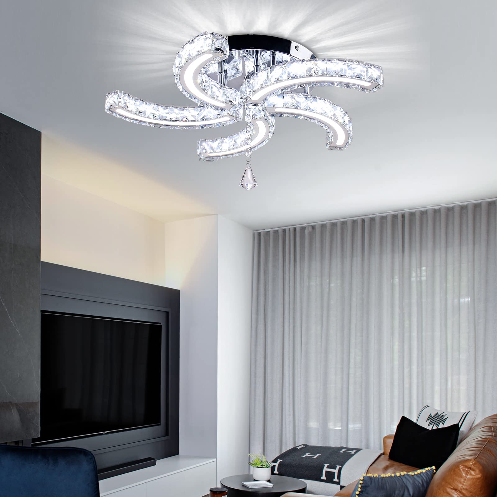 Modern Crystal Chandeliers - Acrylic LED Ceiling Light Fixture with Stainless Steel Arms, Elegant Pendant Lighting for Living Room, Dining Room & Bedroom (Cold White) | Perfect for Home Decor, Wedding Venues and Luxury Interior Design