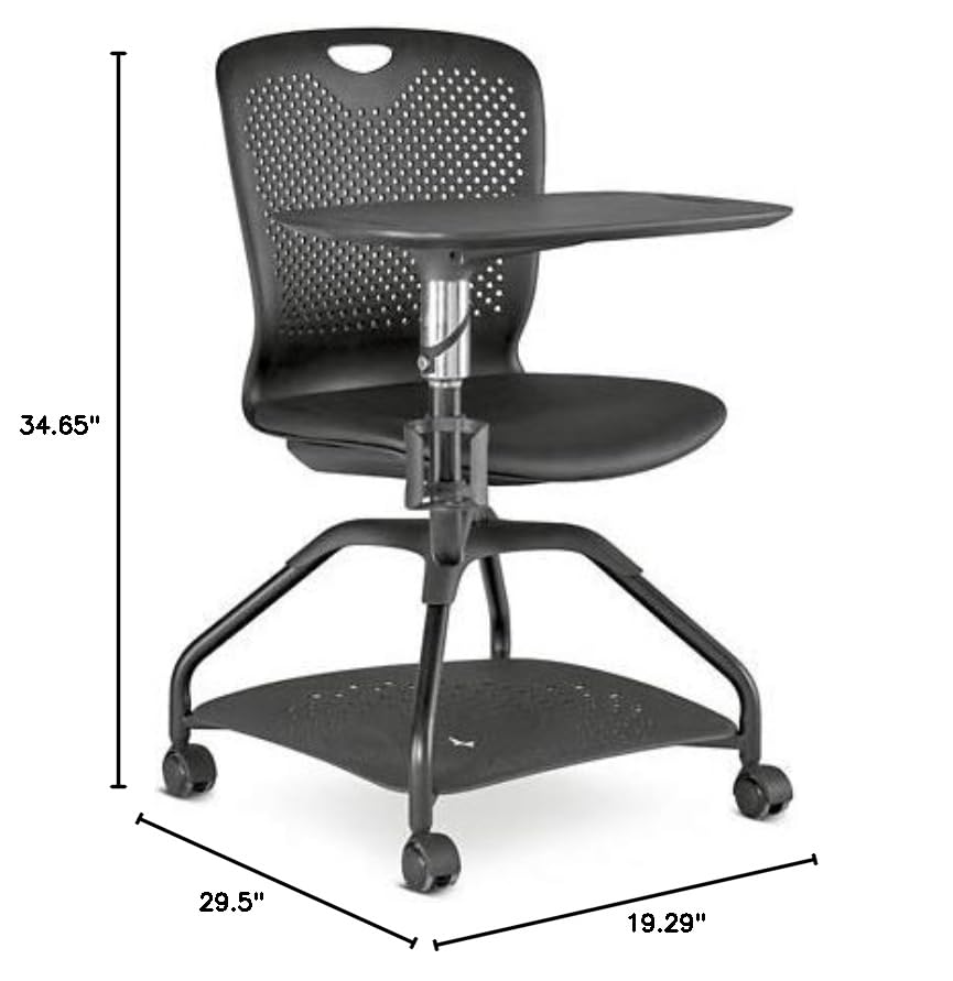 NBF Signature Series Armless Swivel Tablet Chair - White Plastic Back & Ocean Polyurethane Seat - Durable Mobile Office Chair with Adjustable Tablet Arm & Heavy-Duty Steel Frame - Perfect for Classrooms, Home Offices & Study Areas