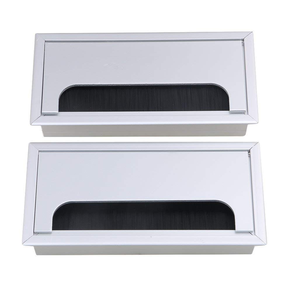 2PCS Metal Rectangle Desk Grommet with Brush - Cable Management Hole Cover for Home Office, Computer Desk & Bank Tables - Organize Wires Neatly Under Desk