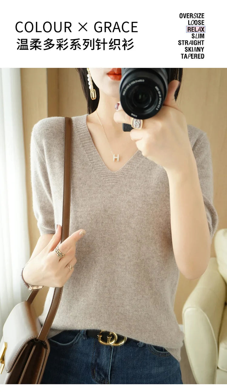Solid Color V-Neck Half-Sleeve Cashmere Sweater for Women - Soft Thin Knit Casual Top for Office Wear & Fall Layering
