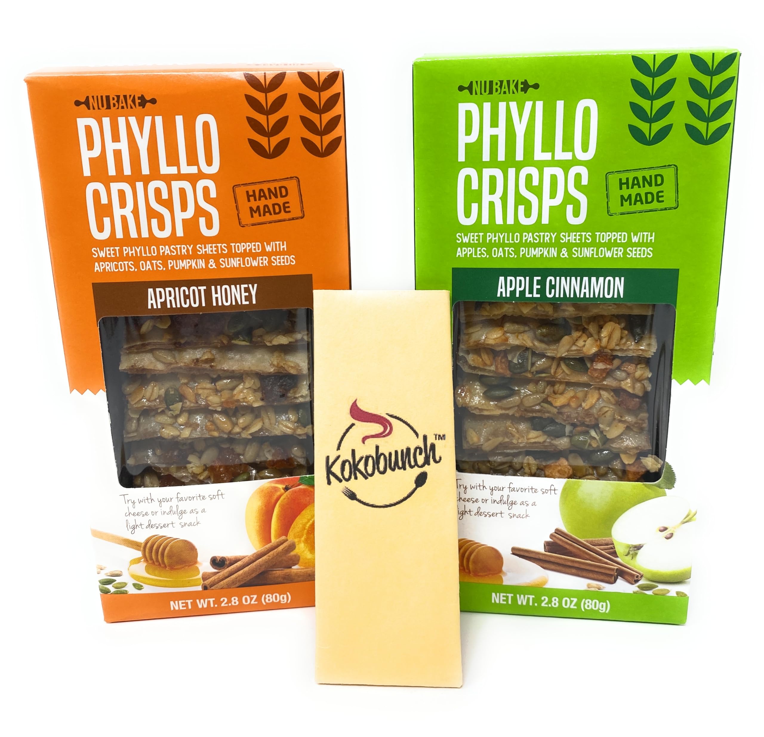 Nu Bake Phyllo Crisps Pastry Dough Sheets - Apricot Honey & Apple Cinnamon Variety Pack (2.8oz, 2-Pack) | Crispy Snack for Parties, Desserts & Healthy Eating