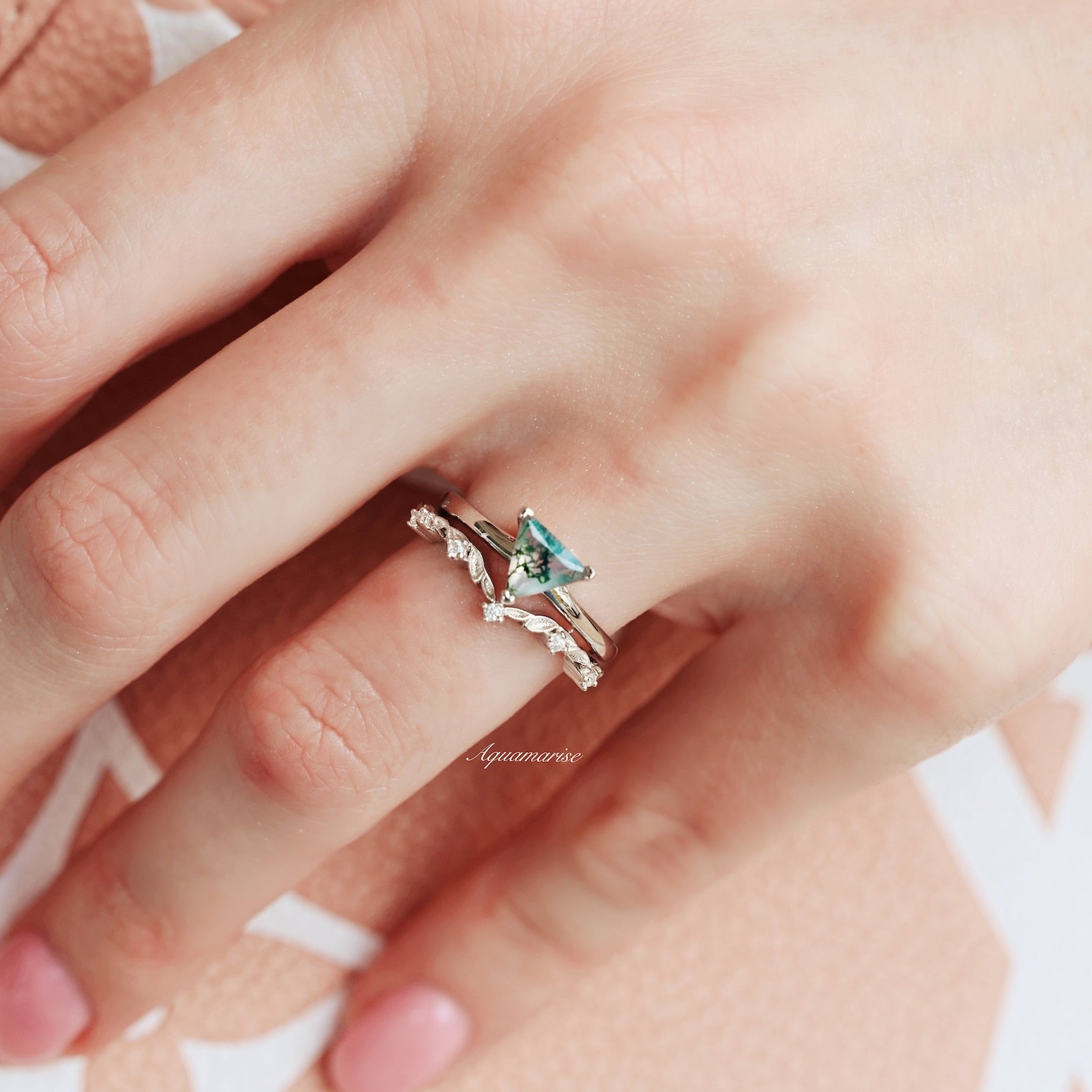Triangle Cut Green Moss Agate Leaf Ring Set in Sterling Silver - Elegant Nature-Inspired Jewelry for Women, Perfect for Weddings, Parties & Everyday Wear