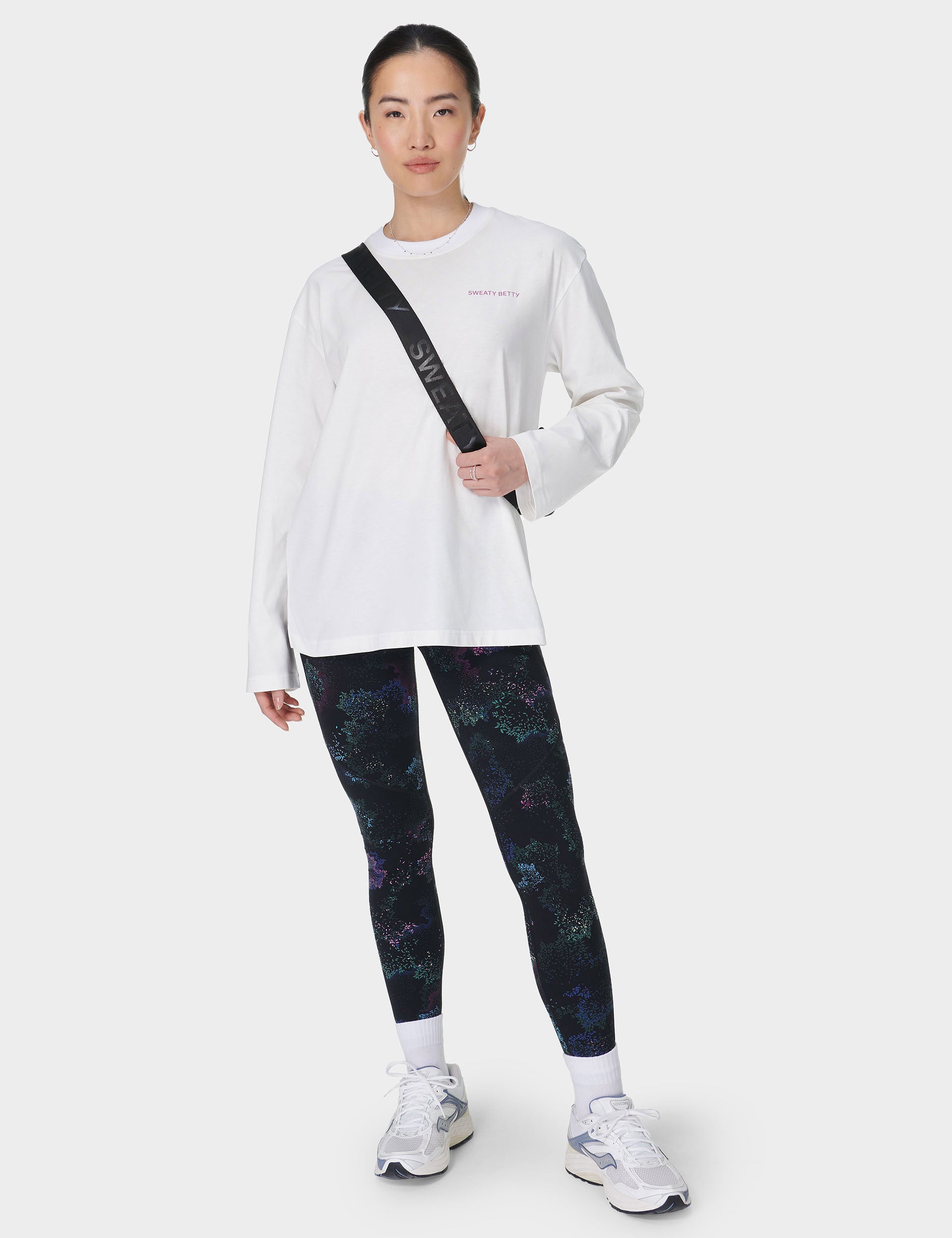 Sweaty Betty Logo Long Sleeve T-Shirt for Women - Soft Cotton Crewneck Tee - Gym, Yoga & Casual Wear - Lily White