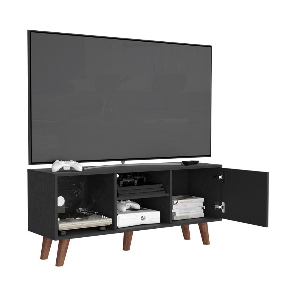 Tuhome 57 Inch TV Stand with 3 Shelves and Single Door Cabinet - Black for Living Room, Bedroom, or Home Theater Setup