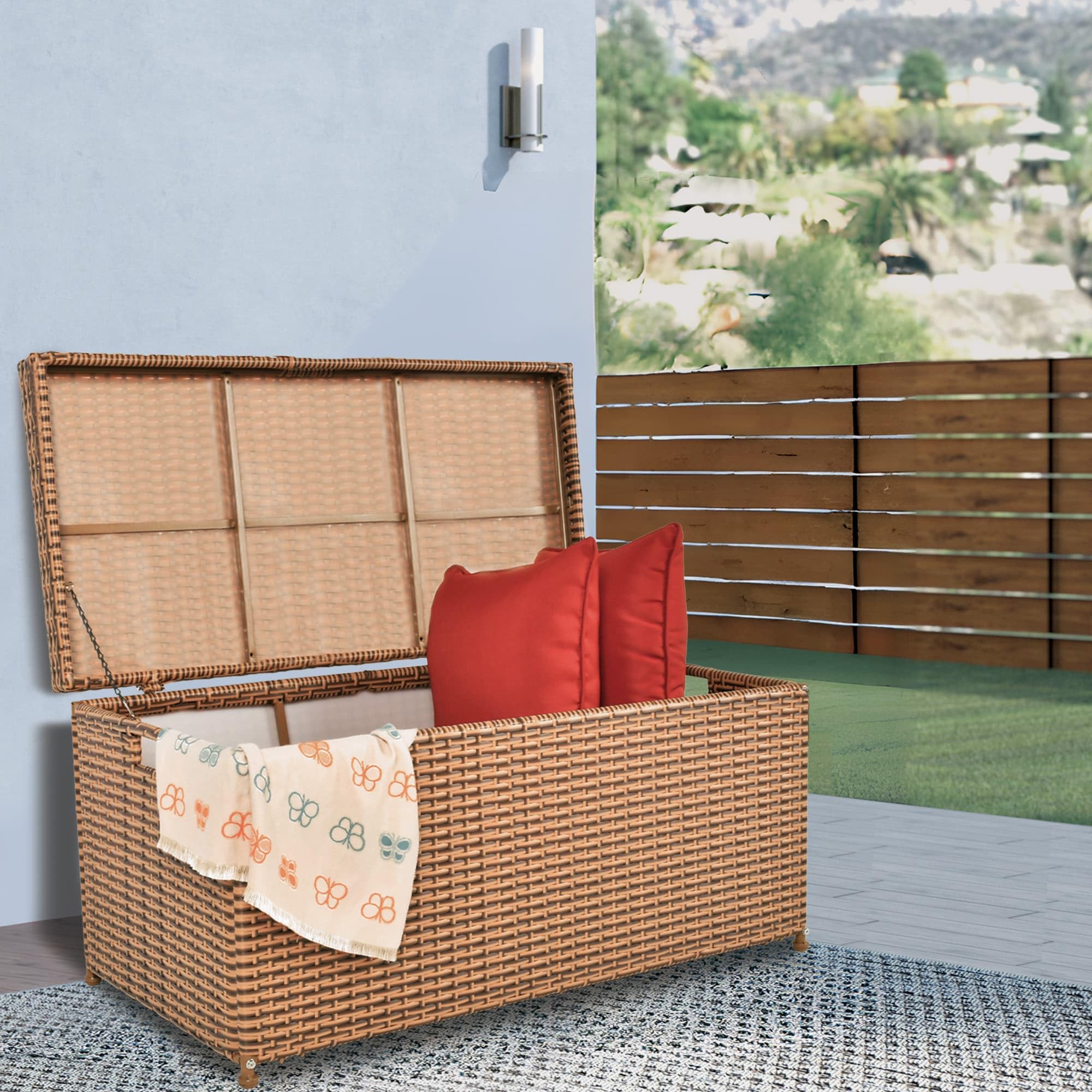 Jeco Honey Wicker Patio Storage Deck Box - Outdoor Furniture Organizer for Cushions, Toys & Garden Accessories - Perfect for Backyard, Poolside & Deck Storage