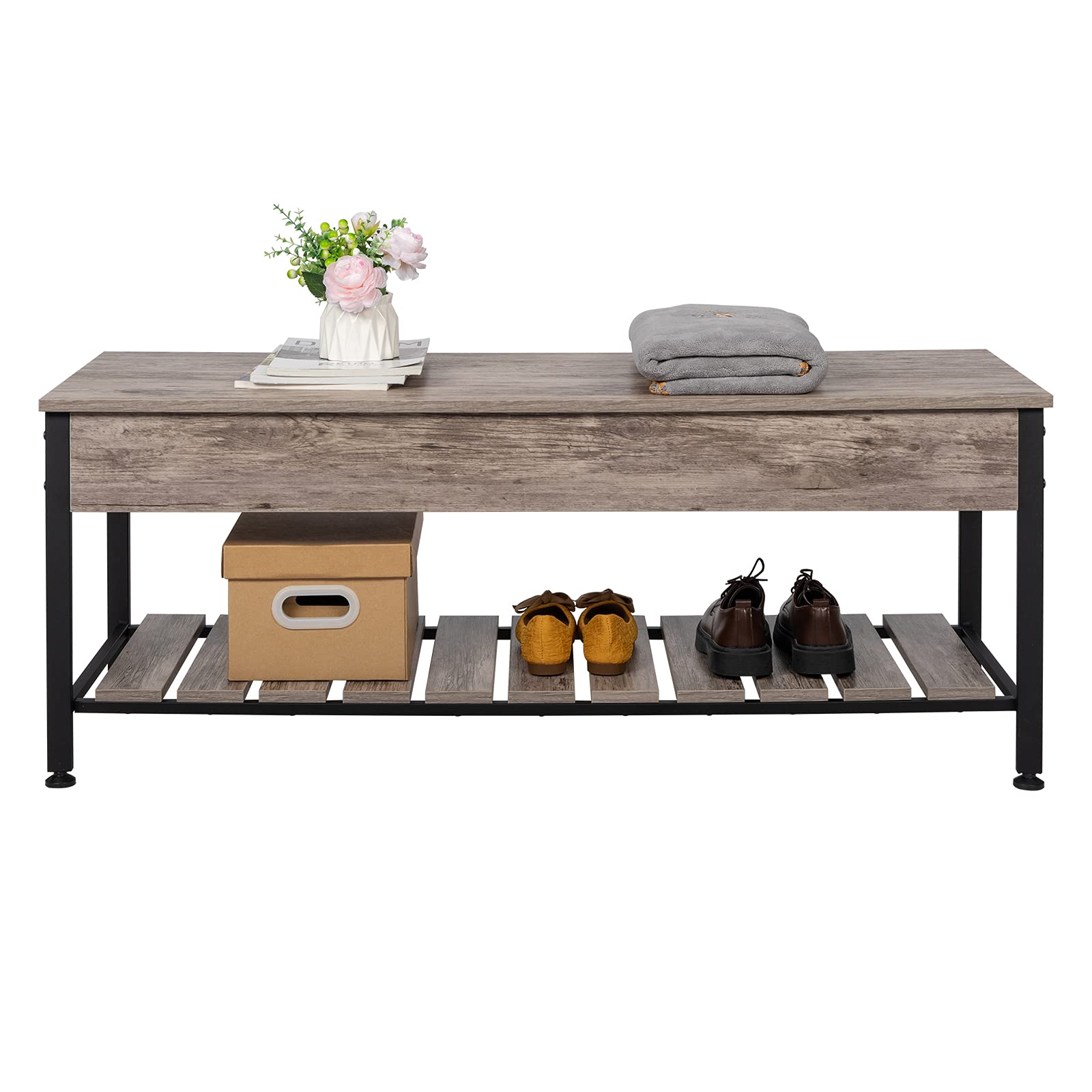 Industrial Storage Bench with Lift Top - Entryway Shoe Storage Organizer for Dining Room, Hallway & Living Room - Rustic Metal Frame (Gray) - Perfect for Small Space Organization & Home Decor