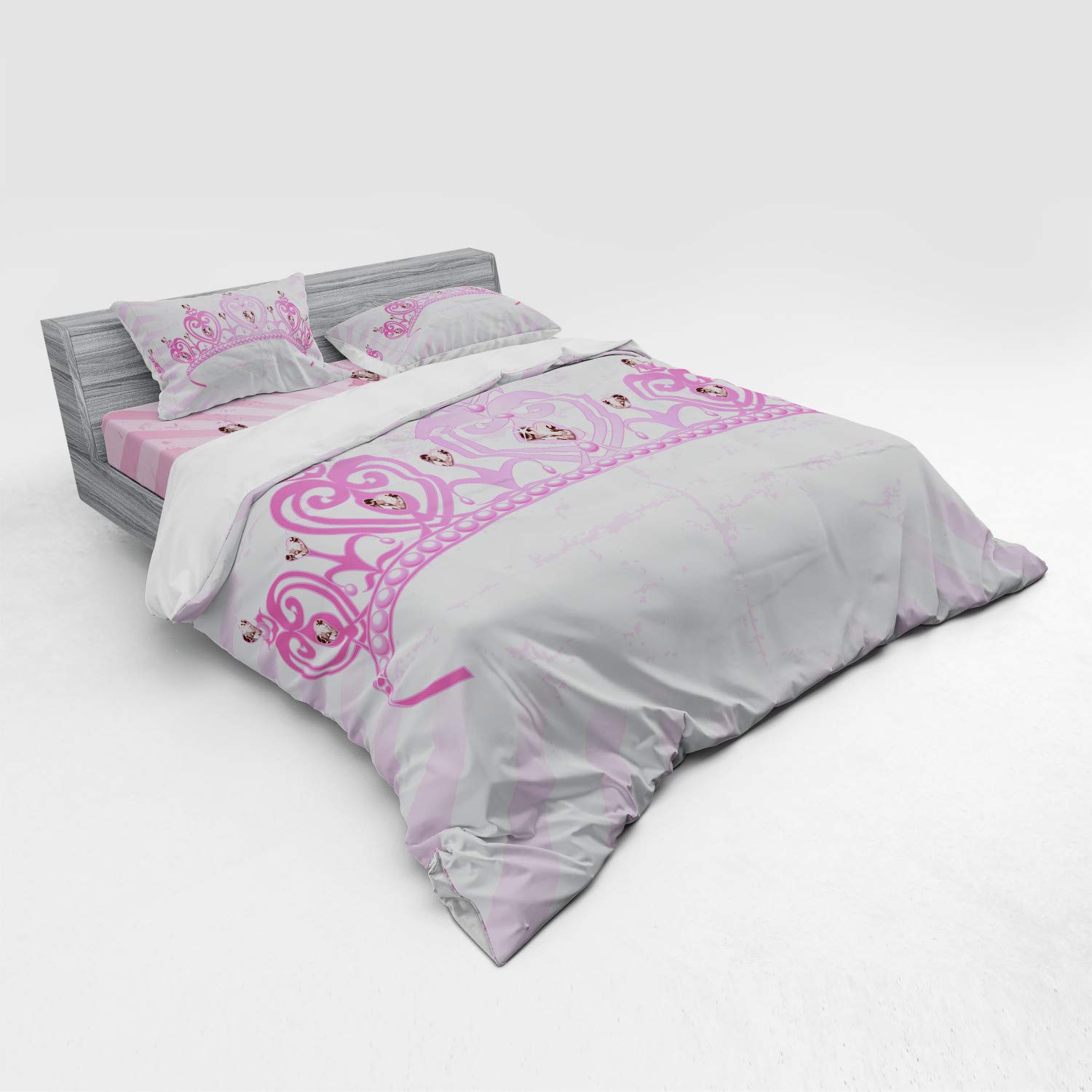 Ambesonne Queen Size 4-Piece Bedding Set - Pink Heart Cartoon Crown Duvet Cover with Shams & Fitted Sheet, Romantic Childhood Theme for Girls Room Decor | Perfect for Kids Bedroom, Teen Girls Dorm, Valentine's Gift