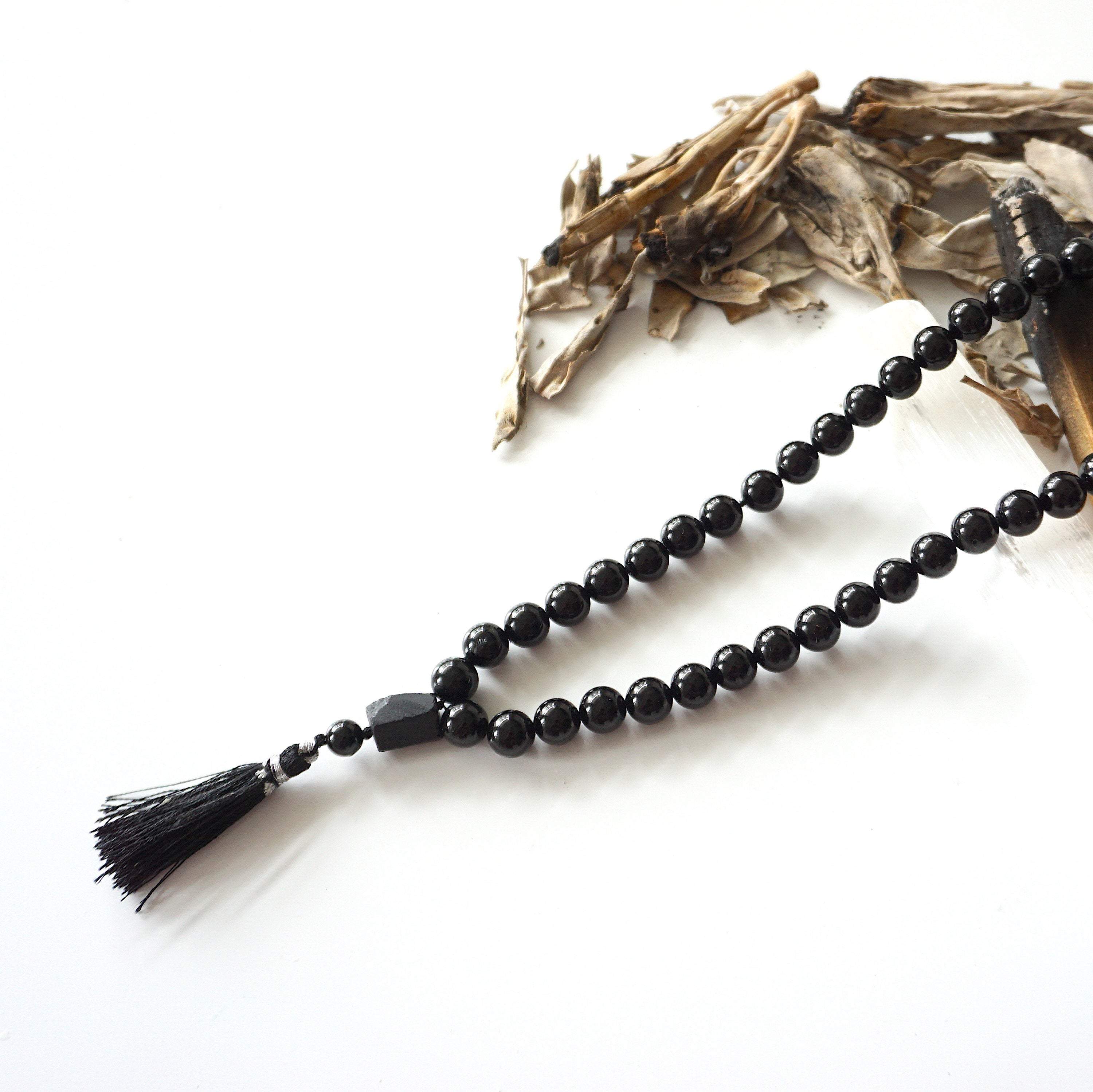 Black Tourmaline Mala Necklace - 108 Beads Spiritual Buddhist Meditation Prayer Necklace for Protection, Stress Relief & Positive Energy | Perfect for Yoga, Mindfulness & Chakra Balancing
