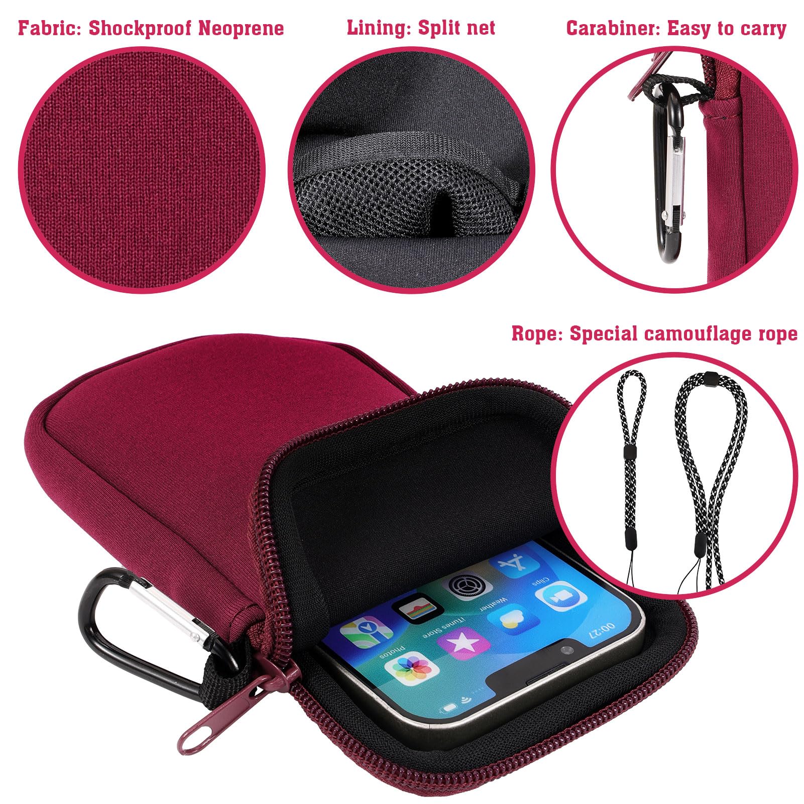 Universal Shockproof Neoprene Phone Pouch with Carabiner & Lanyard - Durable Phone Sleeve Case for iPhone, Samsung & Smartphones up to 7 Inches (Wine Red) - Perfect for Hiking, Travel, Outdoor Adventures & Daily Commute