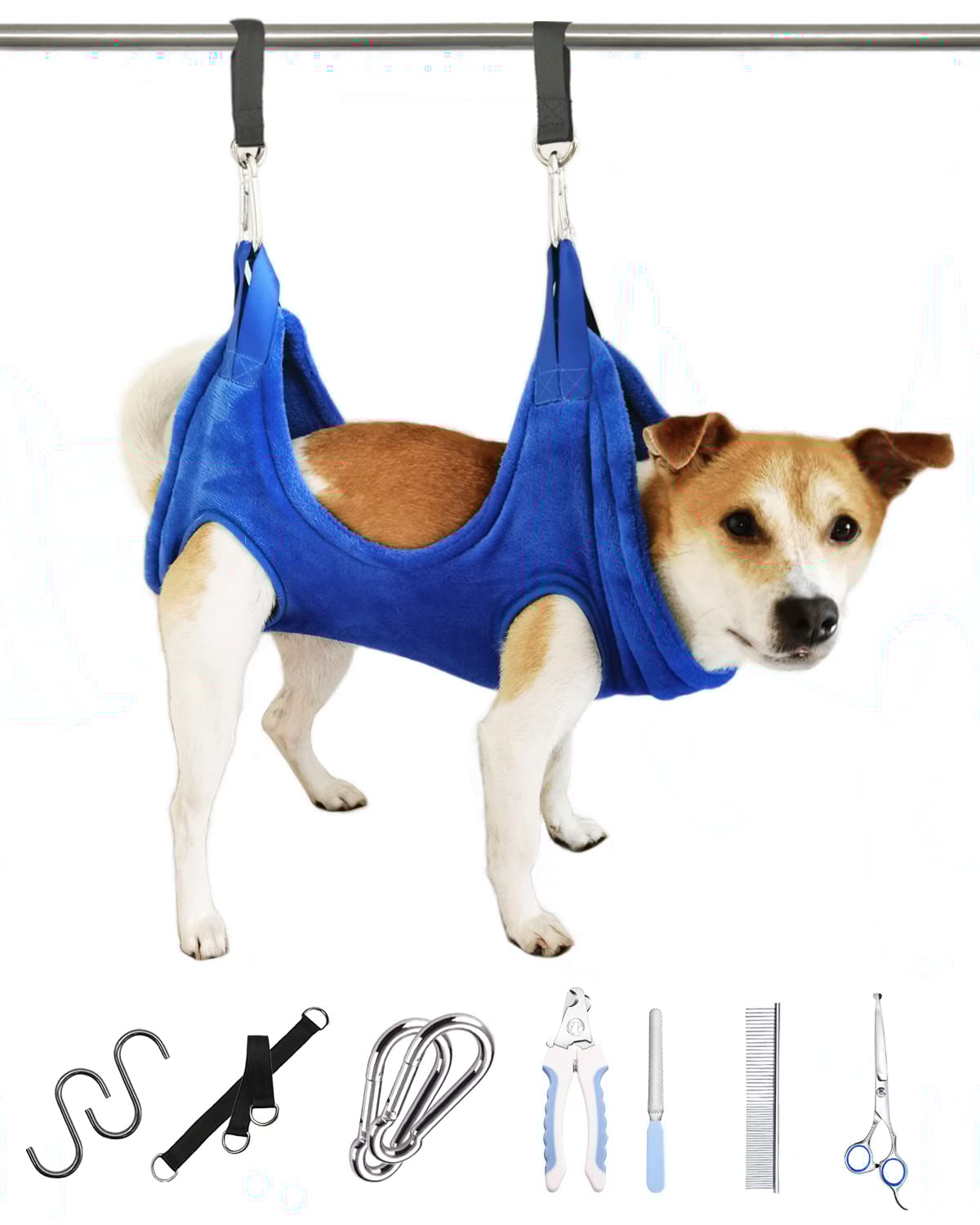 Premium Dog Grooming Harness & Cat Grooming Hammock - Adjustable Pet Grooming Assistant with Nail Clippers & Rounded Scissors (Medium, Blue) - Perfect for Home Pet Care & Professional Grooming Salons