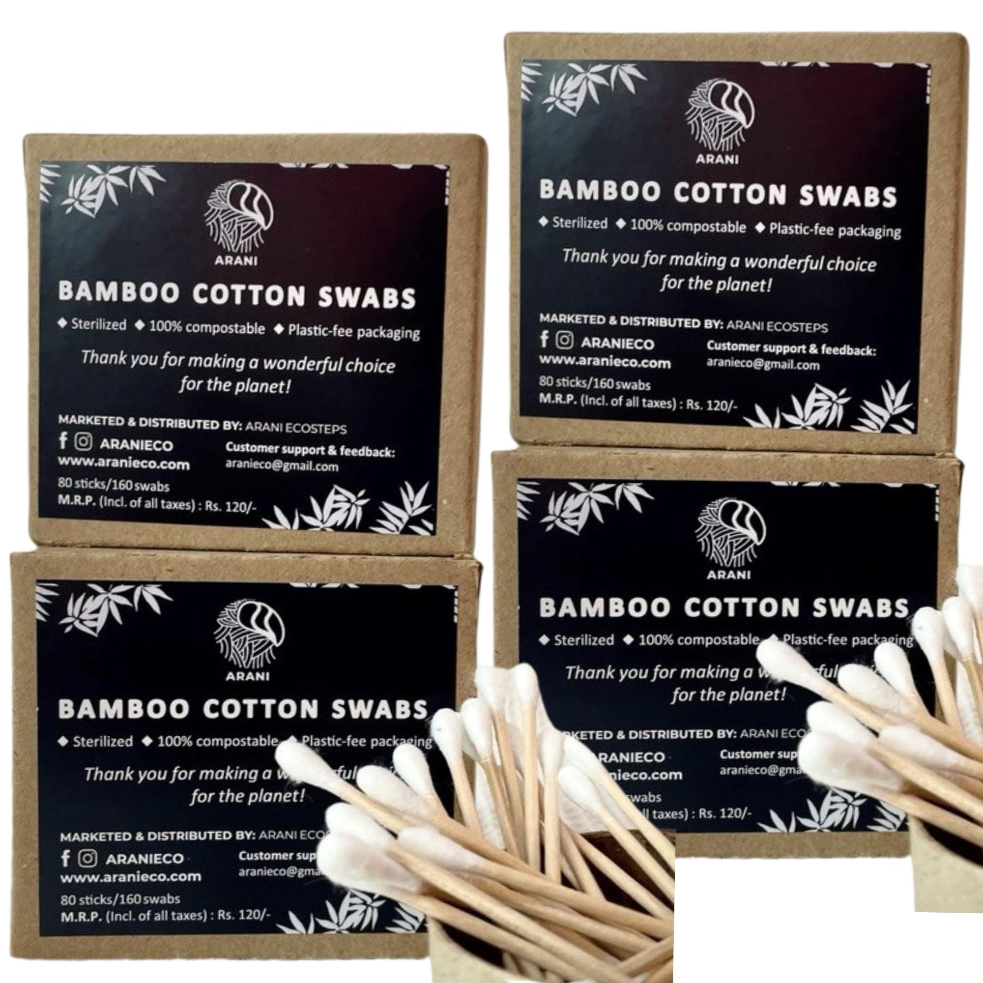 Arani Eco-Friendly Bamboo Cotton Swabs 4-Pack | Gentle & Safe for Adults & Babies | Perfect for Ear Cleaning, Face Care & Makeup Removal | Ideal for Travel, First Aid & Daily Hygiene