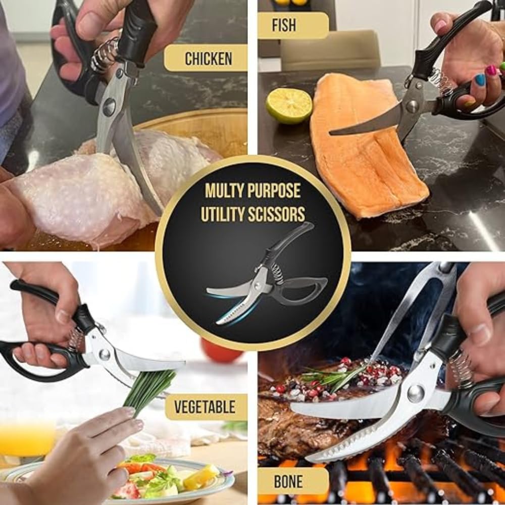 Heavy Duty Kitchen Scissors - Professional Cooking Shears for Chicken, Poultry, Fish & Vegetables - Dishwasher Safe Meat & Bone Cutting Scissors - Perfect for Meal Prep, Butchering & Food Processing