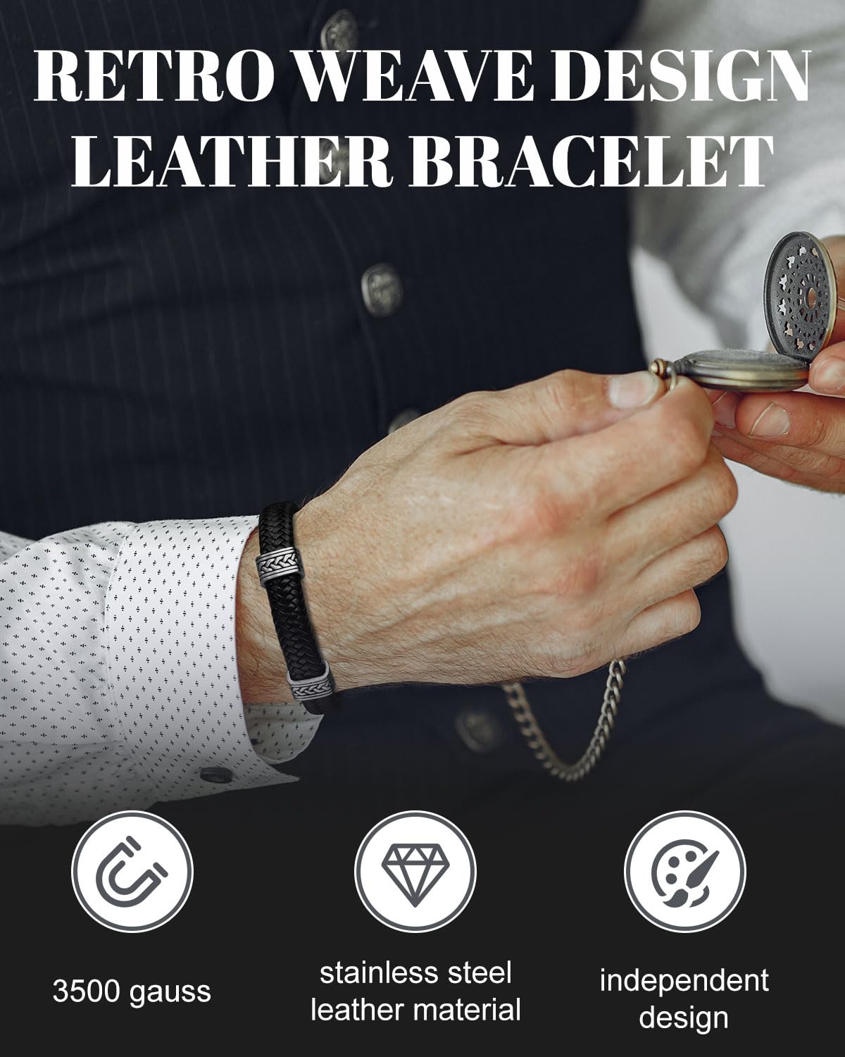 Stylish RainSo Men's Leather Magnetic Bracelet - Retro Woven Adjustable Bangle with Gift Box | Perfect for Casual Wear, Gifts & Everyday Fashion Accessories