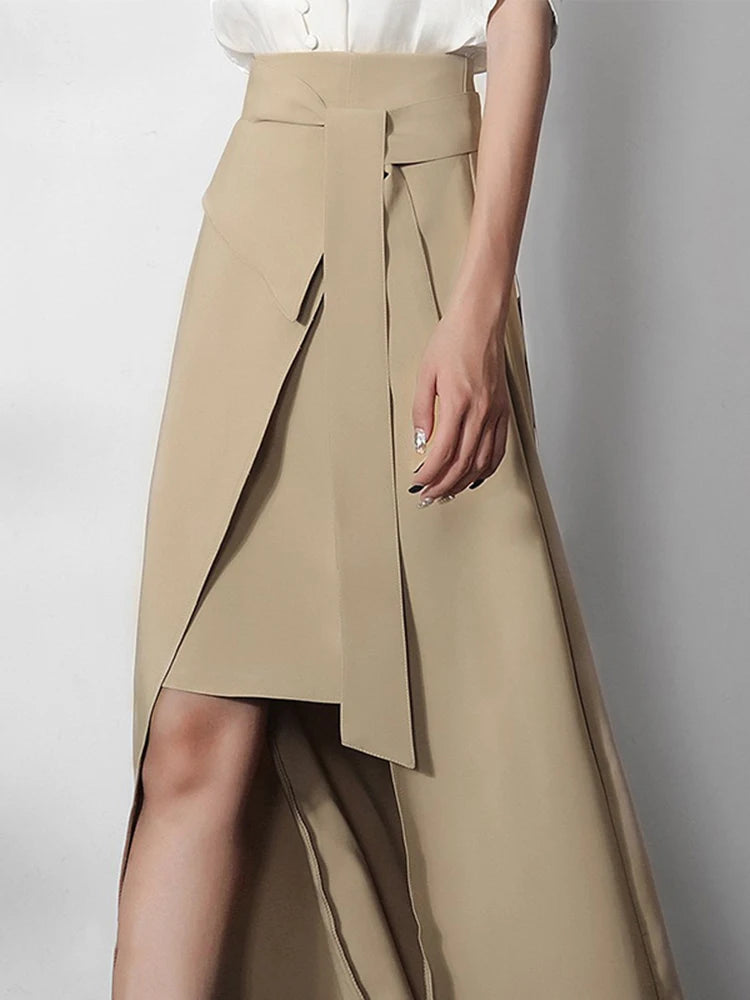 **Women's High Waist Asymmetrical Split Skirt - Solid Patchwork Design with Lace-Up Detail, Elegant A-Line Skirt for Casual & Party Wear**    **Use Case:** Perfect for date nights, parties, office wear, or casual outings—this stylish skirt adds a chic and feminine touch to any outfit.