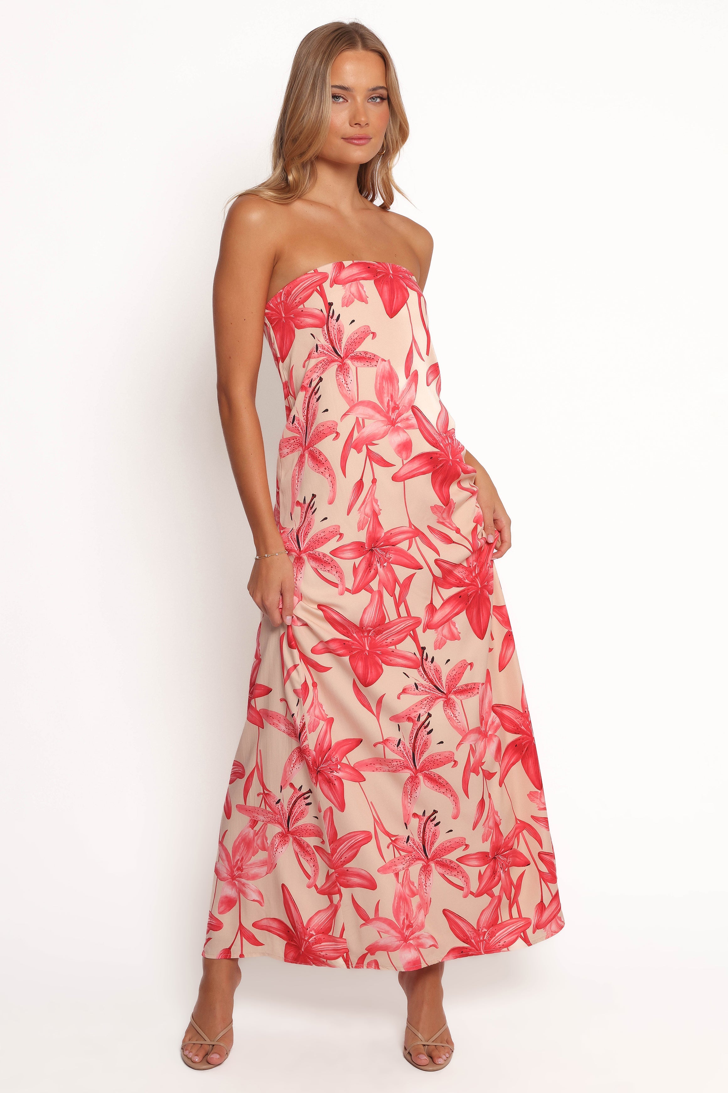 Lani A Line Strapless Maxi Dress - Pink Floral Print Summer Beach Wedding Party Dress for Women | Perfect for Vacations, Date Nights & Special Occasions